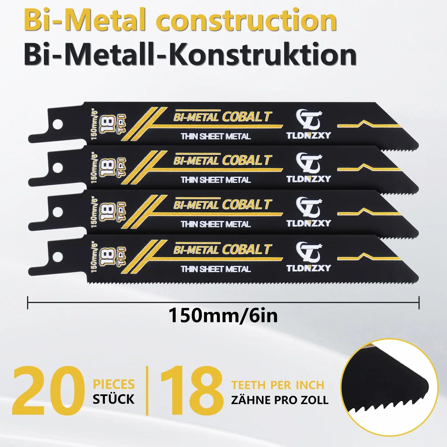 Juego de 20 hojas de sierra de sable, bimetal con cobalto, 150 mm, 18TPI, para metal