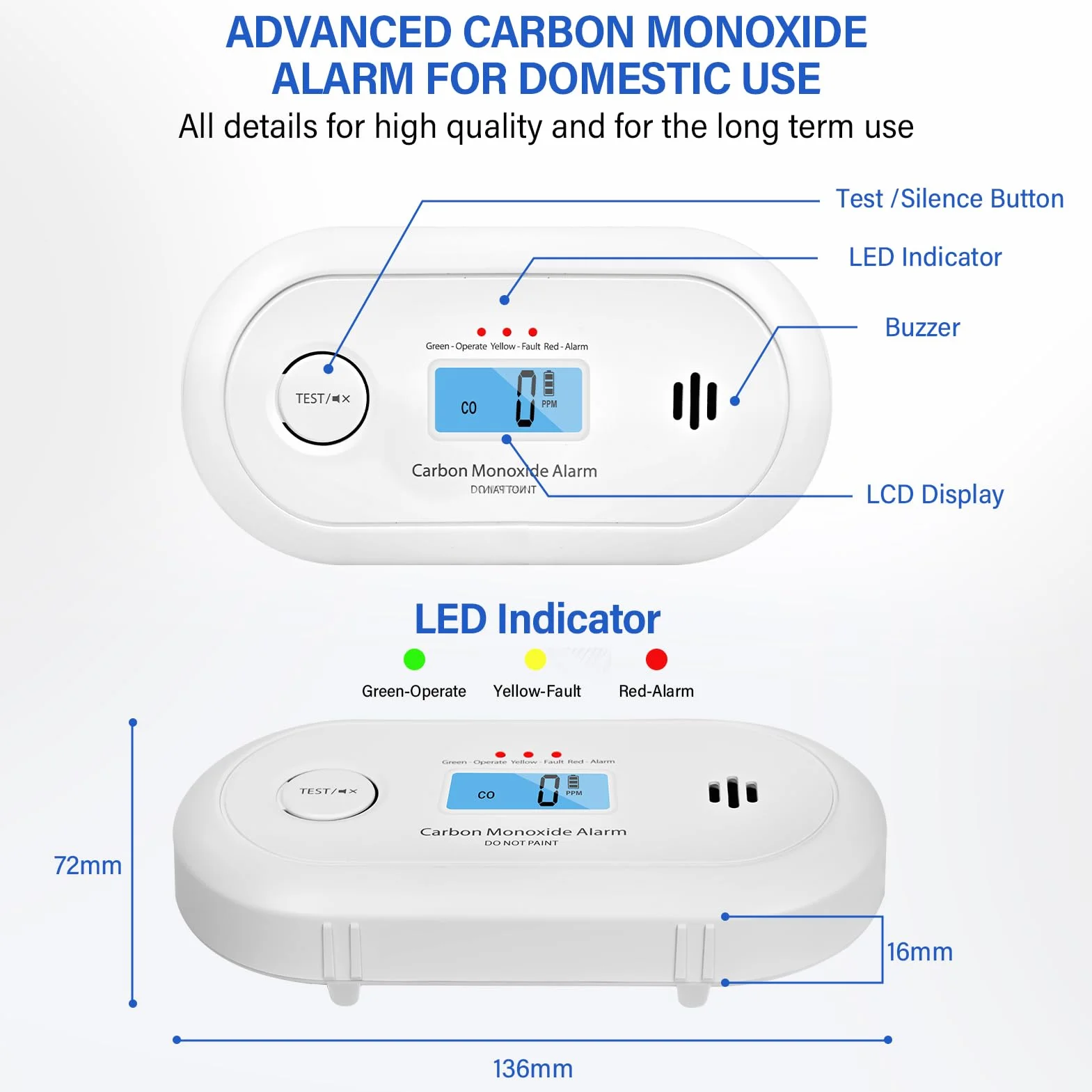 Detector Monóxido Carbono con Sensor CO 10 años, batería reemplazable 5 años, portátil Carbon Monoxide Detector diseño a Prueba de explosiones de Alta sensibilidad | Norma: EN 50291