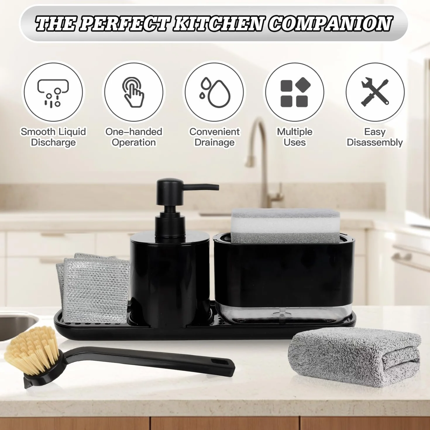 Dosificador Jabón Cocina Negro con Trapo, Cepillos y Esponja, Organizador Fregadero Detergente Recargable