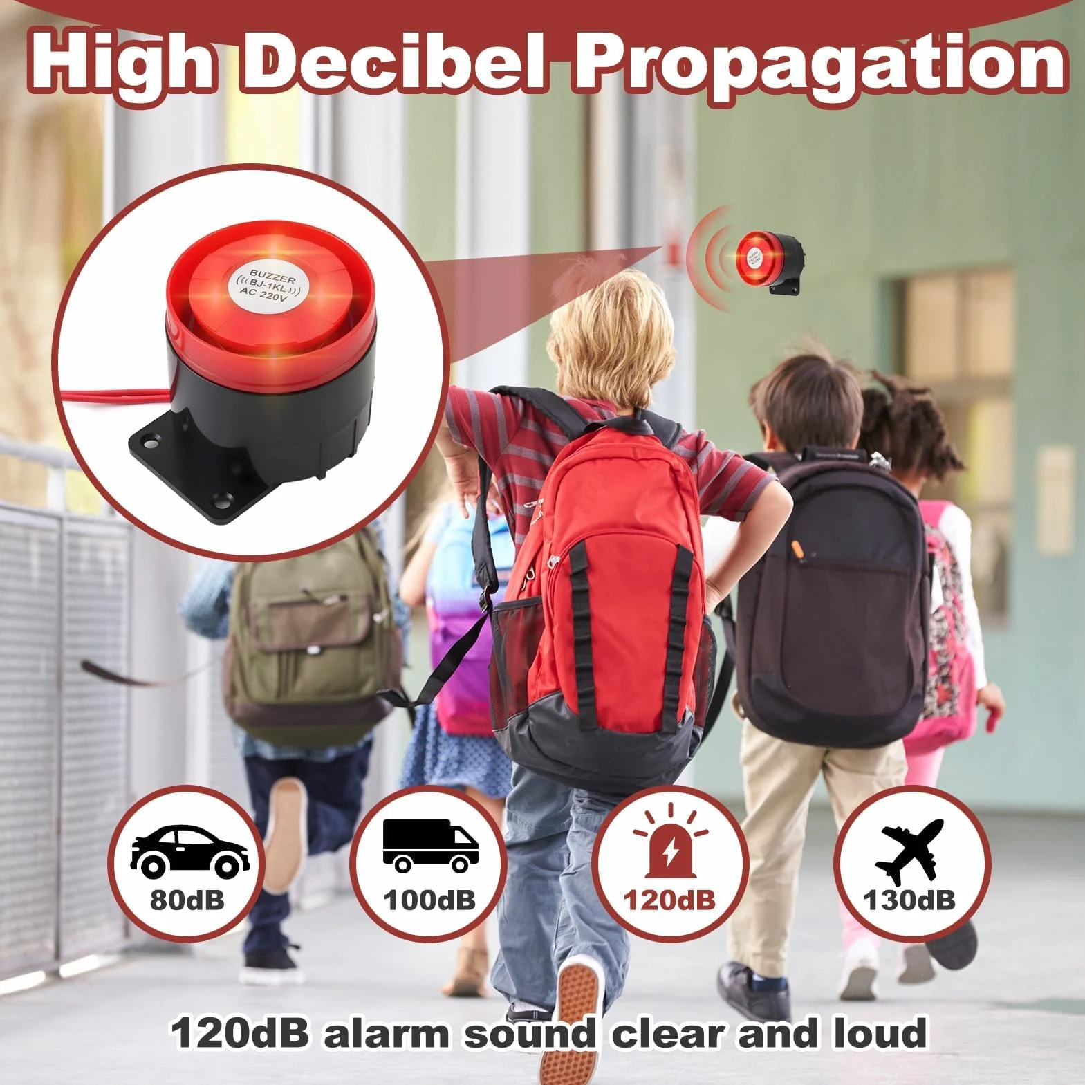 Sirena Alarma Exterior 220V 120dB, Sirena de Bocina Sistema Antirrobo de Alarma Impermeable con Alerta de Sonido y Luminosa, Intermitente Doméstica con Decibelios Altos Rojo Estroboscópico