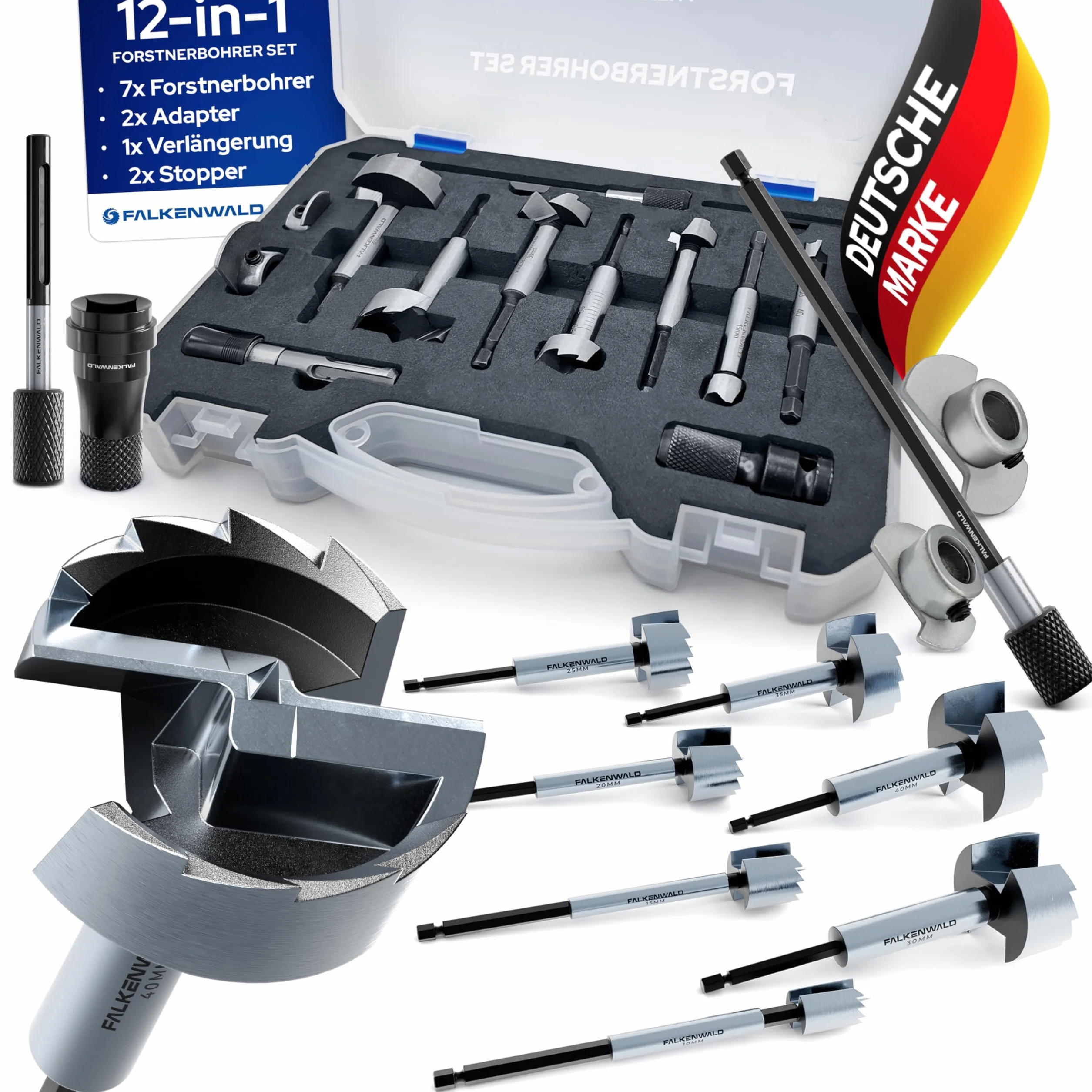 FALKENWALD Juego de brocas Forstner de 10 piezas (Ø 10 – 40 mm) con maletín de herramientas y adaptador + ampliación – Broca para madera de alta precisión – Juego de brocas Forstner Premium para