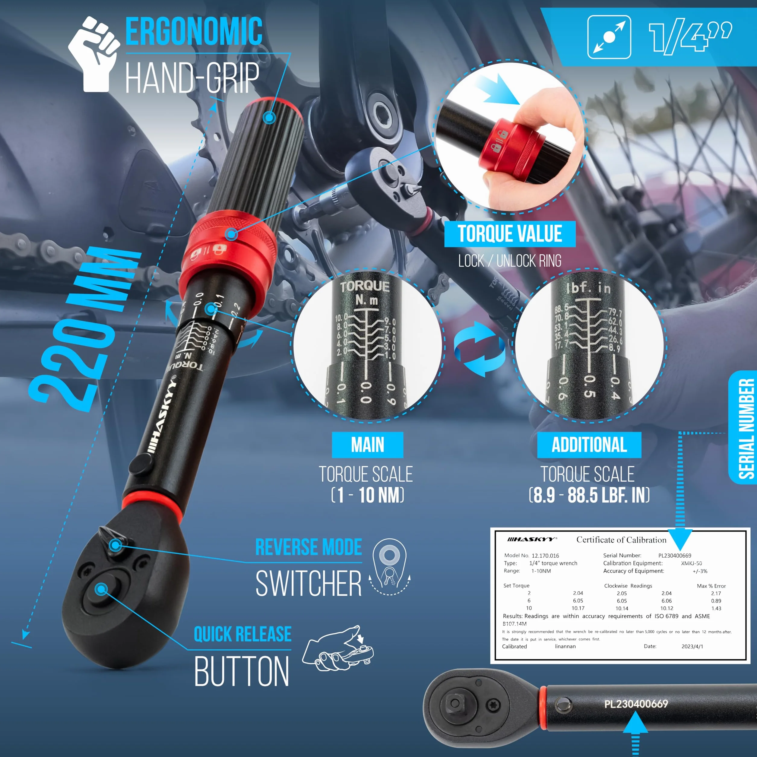 HASKYY Llave dinamométrica de 1/4 pulgadas 1-10 Nm para motor de bicicleta industrial micro llave de trinquete