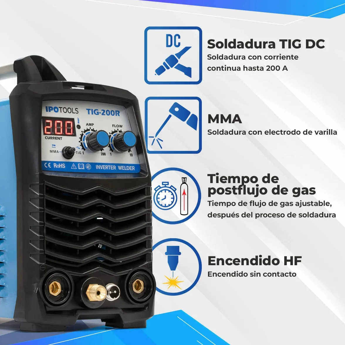 IPOTOOLS TIG-200R WIG - Máquina de soldar DC - TIG WIG 200 Amplificadores Inverter Digital Inverter Máquina de Soldar, Inversor con Pantalla Digital, Encendido RF, MMA, IGBT, 7 años de garantía