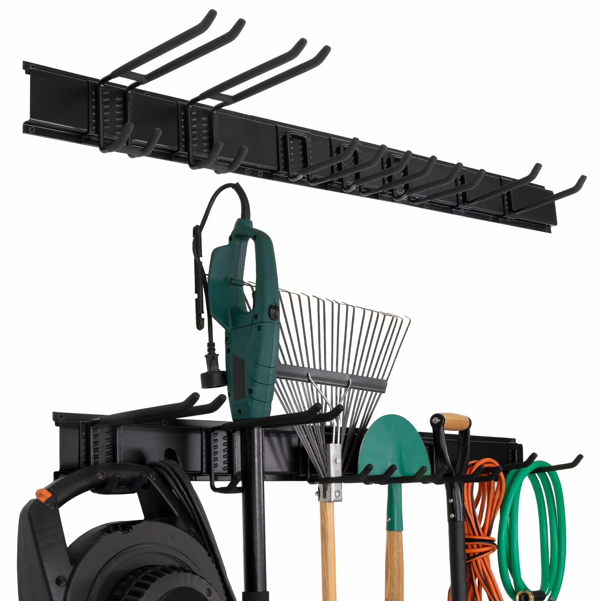 Precision Defined Almacenamiento de garaje, organización de garaje, organizador de herramientas de jardín de montaje en pared, ganchos ajustables de metal resistente, sistema de colgador de patio