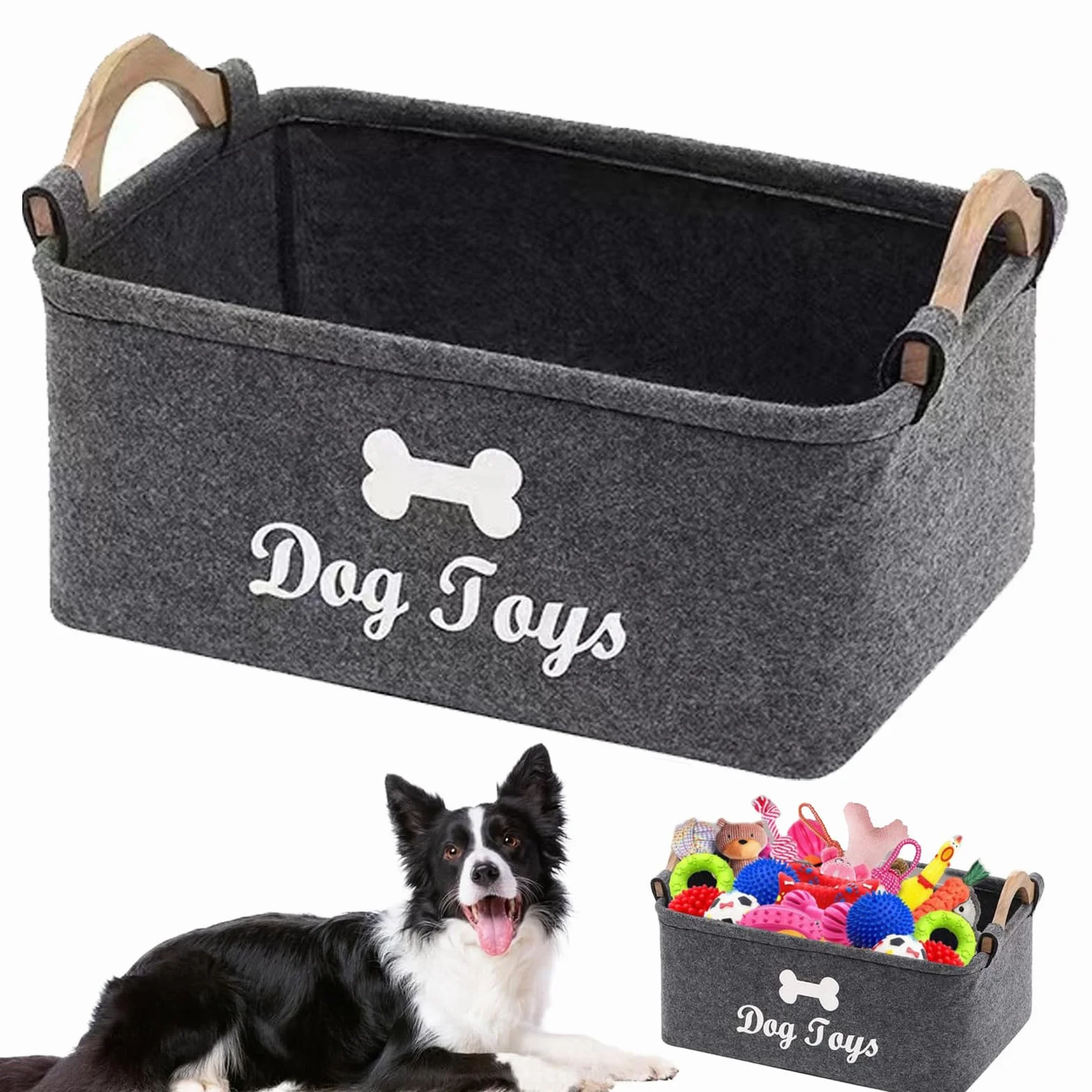 Vauki Caja de almacenamiento para juguetes para perros, 38 x 25 x 18 cm, plegable, de fieltro con mango de madera, cesta de almacenamiento para guardar suministros para mascotas y juguetes (gris