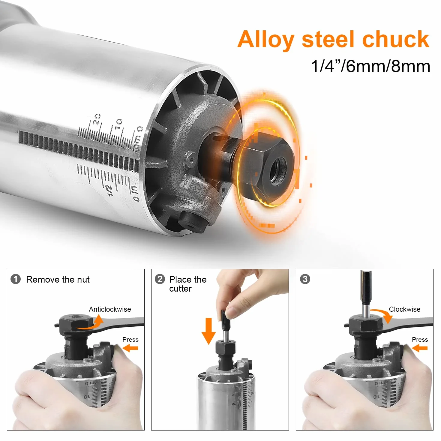 Fresadora de Madera Rebajadora Eléctrica, DEWINNER Desmoladora Eléctrica compacta 220 V, 710 W, 3 Bases Incluidas, 3 Pinzas de 1/4 Pulgadas, 6 mm y 8 mm, 5 Fresas de Carburo