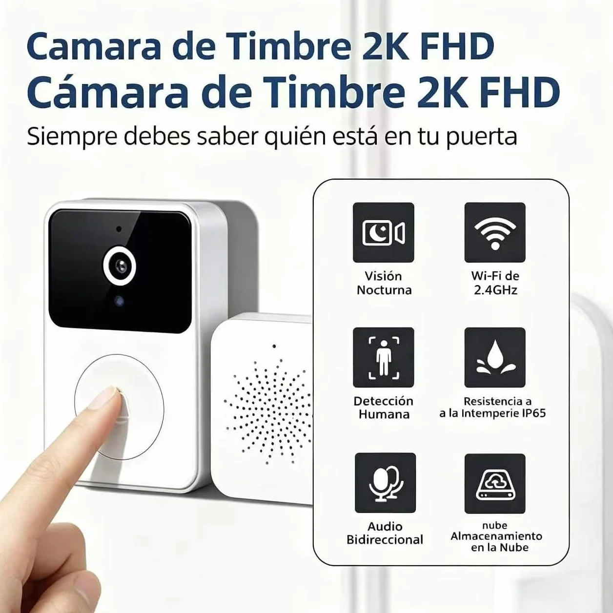 Timbre Inalámbrico Exterior con Cámara HD 1080P - Videoportero WiFi Visión Nocturna Audio Bidireccional