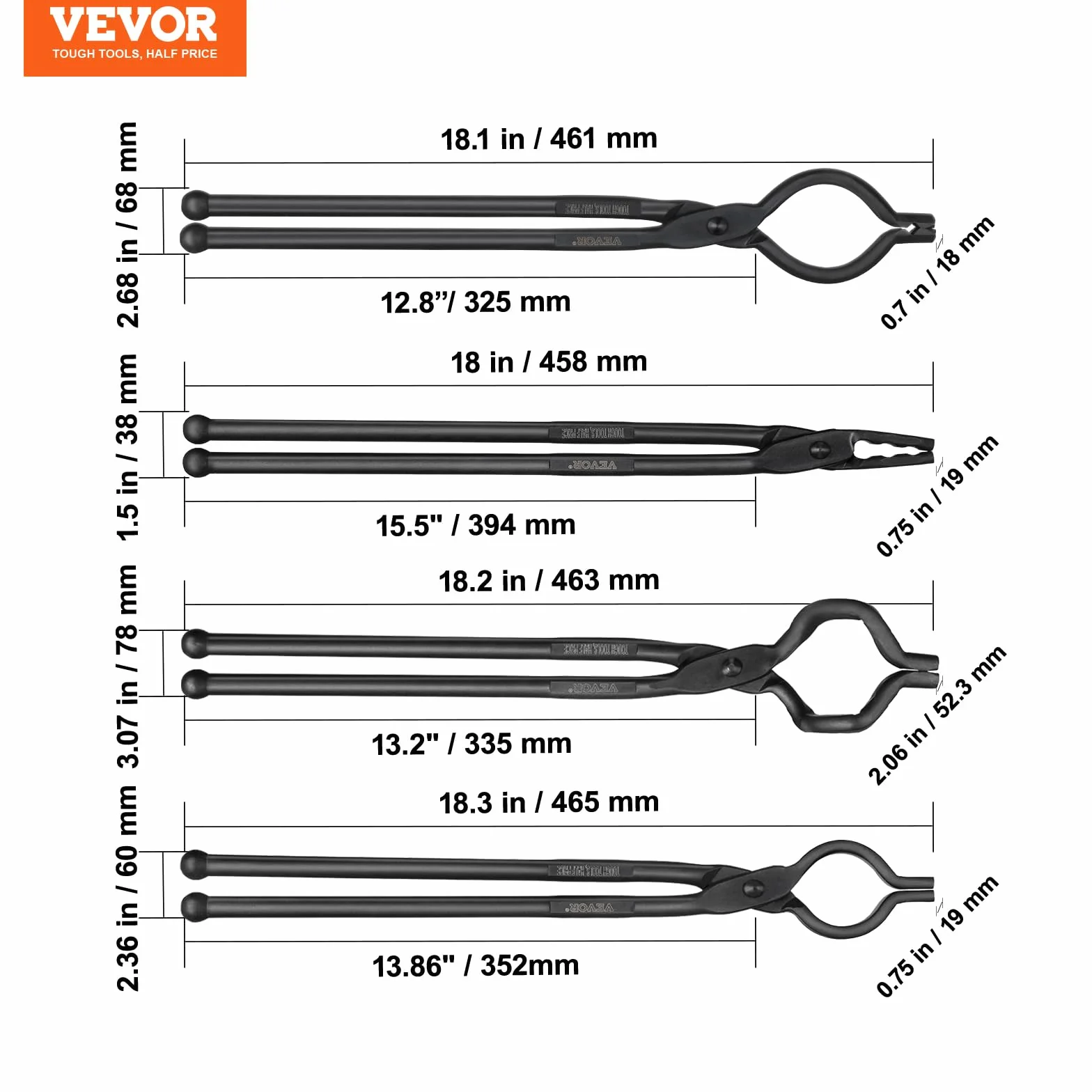 VEVOR Juego de Pinzas de Herrero de Acero al Carbono 4 PCS Pinzas de Forja 46 cm en Forma de V, Boca de Lobo, Forma de ZV, Alicates de Agarre Mango Largo Operación Segura Equipo Básico para Herrero