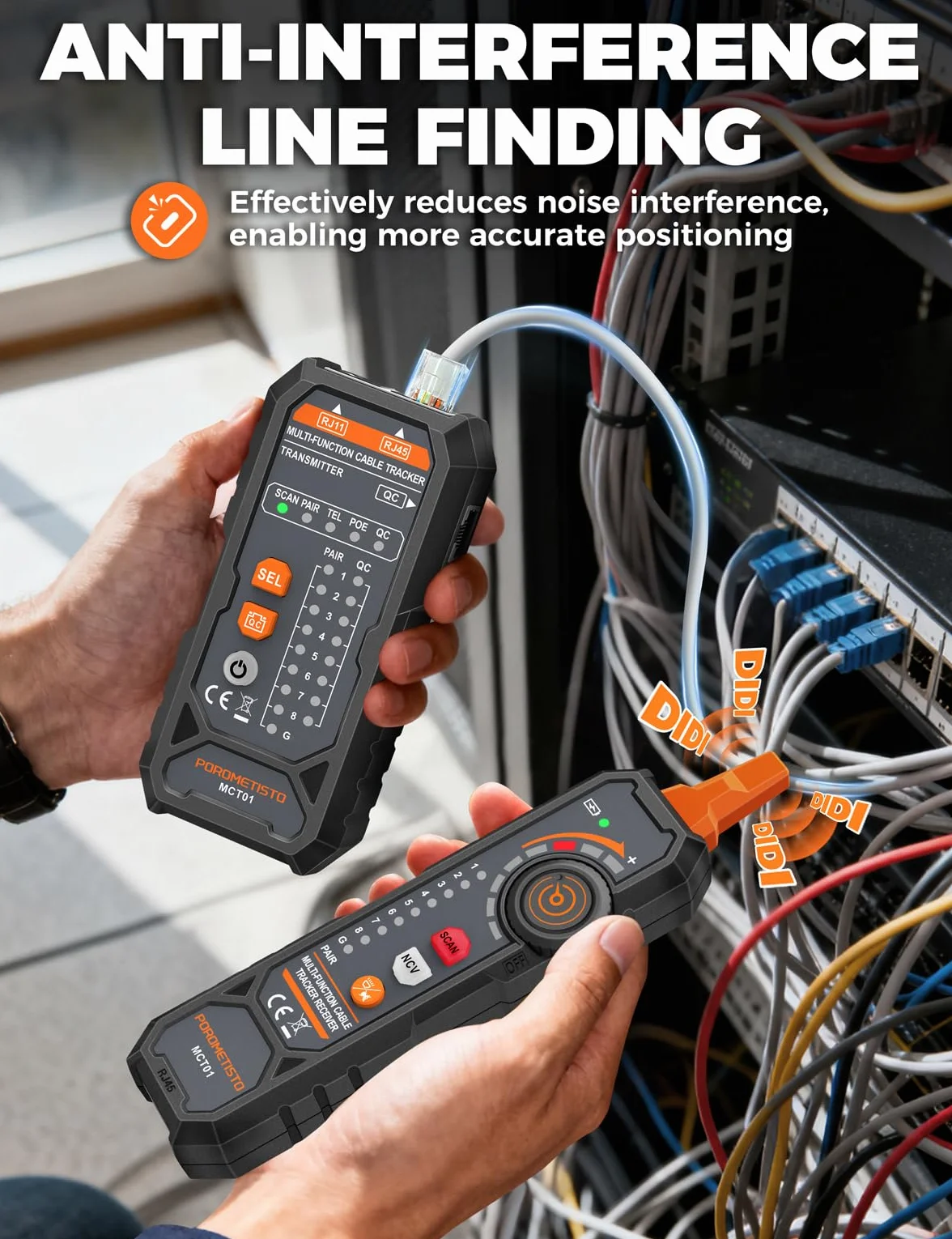 MCT01 POROMETISTO Comprobador de Cables de Red y Ethernet | All-in-One para RJ45/RJ11, Prueba POE, NCV, Linterna, Alarma Sonora, Verificación de Continuidad y Control de Crimpado