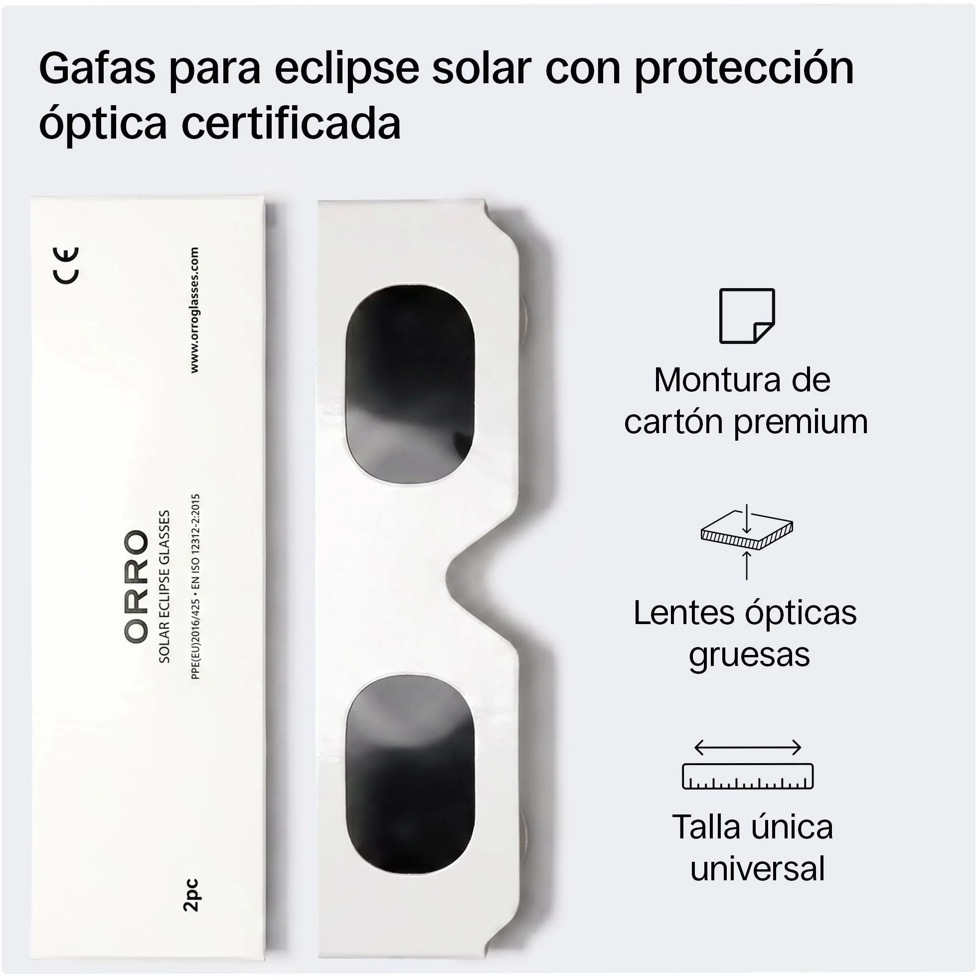 ORRO Gafas para Eclipse Solar de 40 mm, Pack de 2/6/12, Blancas, Protección Ocular Certificada, Ensayadas según EN ISO 12312-2:2015, Marcado CE para Observación Directa del Sol - Ajuste Moderno