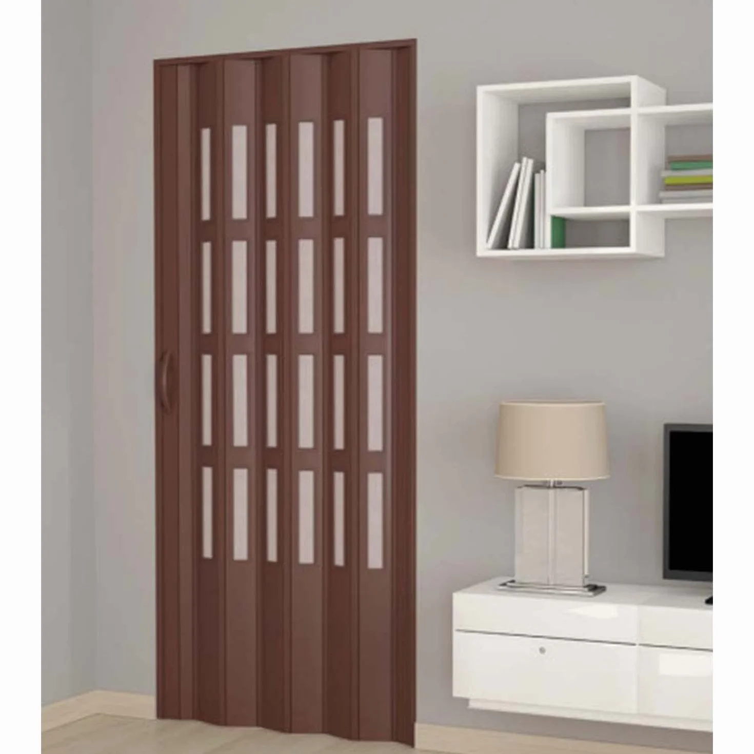 Puerta plegable de interior en kit con cristales de PVC nogal 82 x 210 cm mod. Sonia