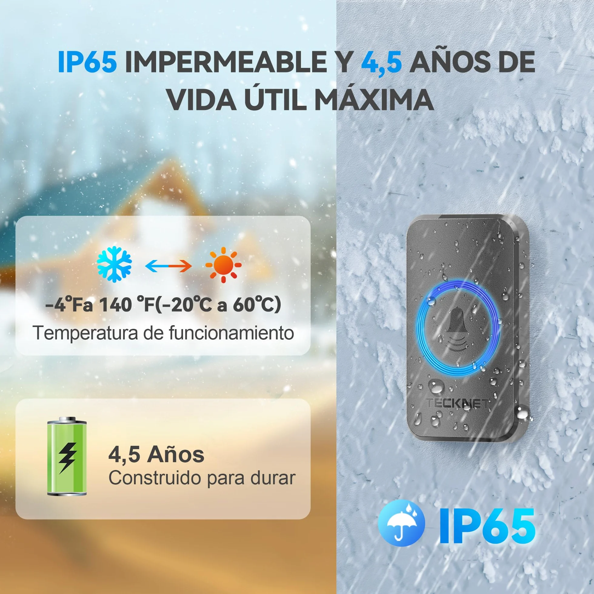 TECKNET Imbre Inalámbrico, 500m Alcance IP65 Impermeable,Timbre Inalámbrico Exterior Impermeable 60 Melodías Ajustables, 5 Niveles de Volumen (0-110dB),Adecuado para Hogar, Hotel, Emergencia, etc
