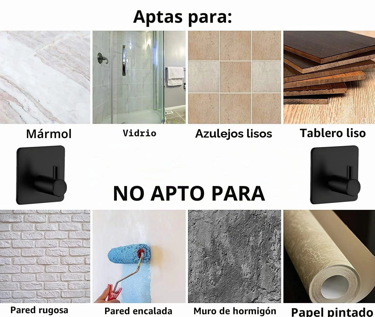 Ganchos para toallas, 6 unidades, autoadhesivos, ganchos de pared, sin agujeros, de acero inoxidable, ideal para baño, baño, cocina, oficina,negro