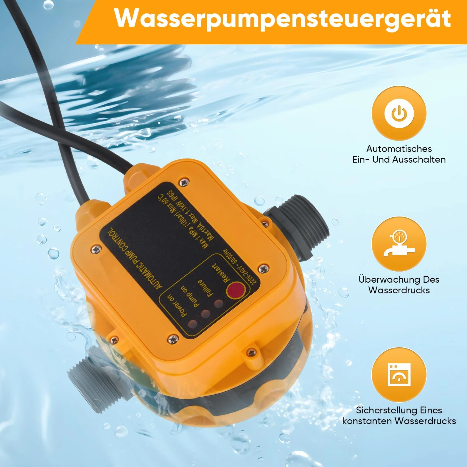Presostato Para Bomba De Agua, Monitor Electrónico De Presión Para Bombas De Agua Máx. 10 Bar 220-240 V Con Enchufe Resistente Al Agua IP54 Monitor De Caudal Para Bomba De Jardín