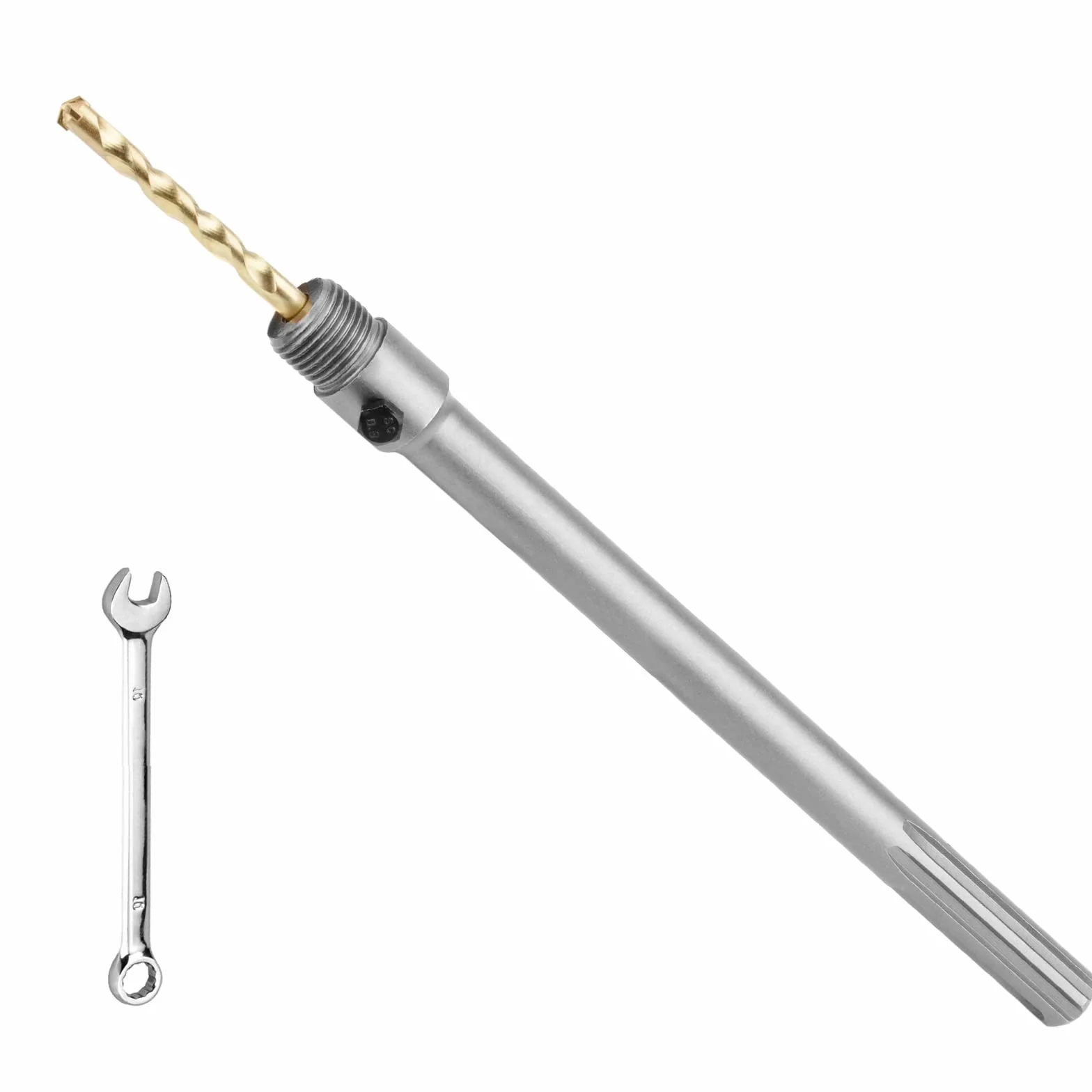 Extensión de vástago SDS MAX con eje de sujeción para coronas perforadoras, 600mm de longitud, con rosca M22, incluye broca centradora