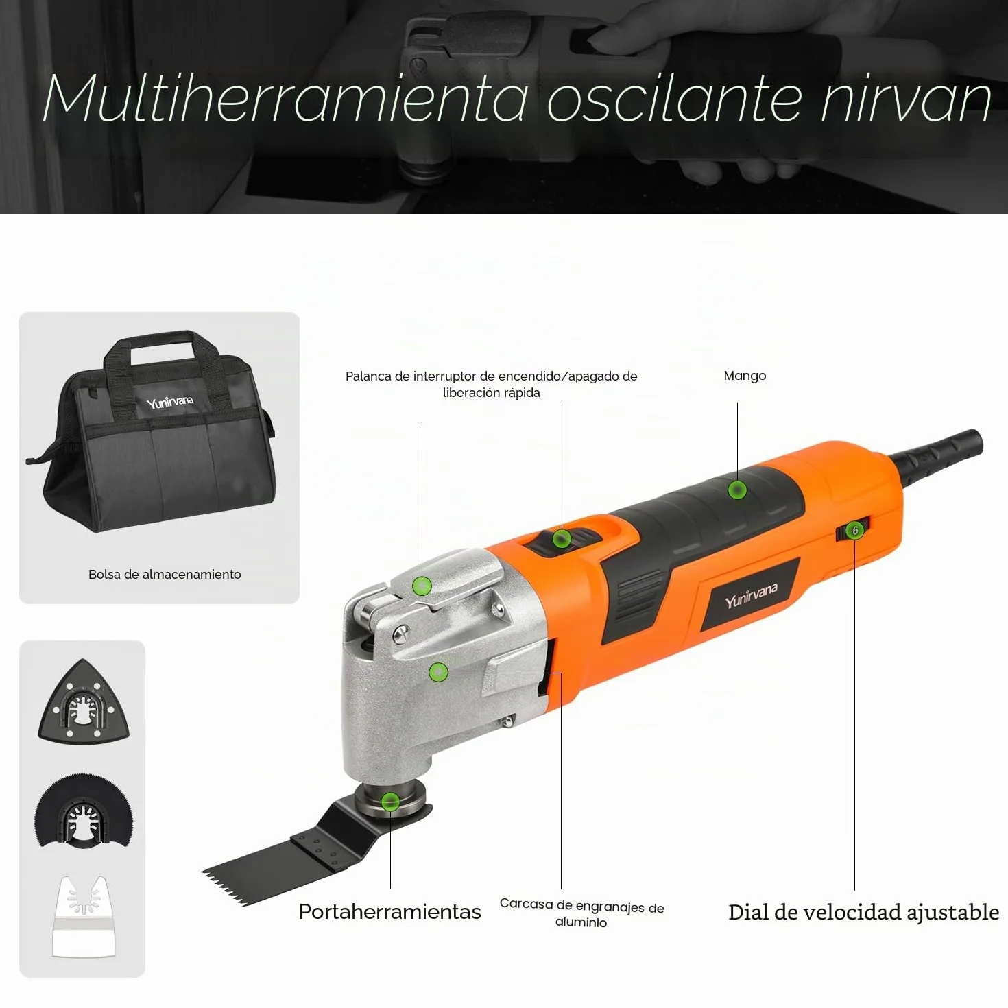 Yunirvana Multiherramienta Oscilante 300W, Herramienta multifunción 15000-22000RPM con ángulo de oscilación de 3°, 6 Velocidades,con 32 Accesorios de accesorios y bolsa de transportepara
