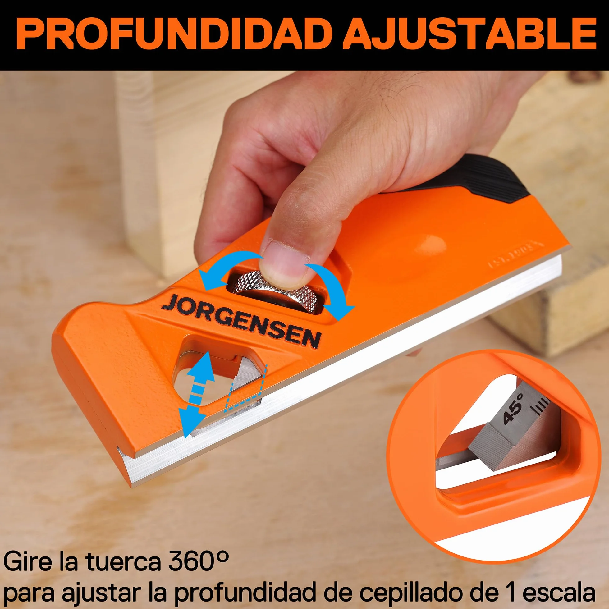 JORGENSEN Plano de chaflán para carpintería, herramienta de aplanamiento de esquinas de bordes para madera, cepilladora manual manual de 45° con 4 cabezales de corte para un recorte rápido de madera