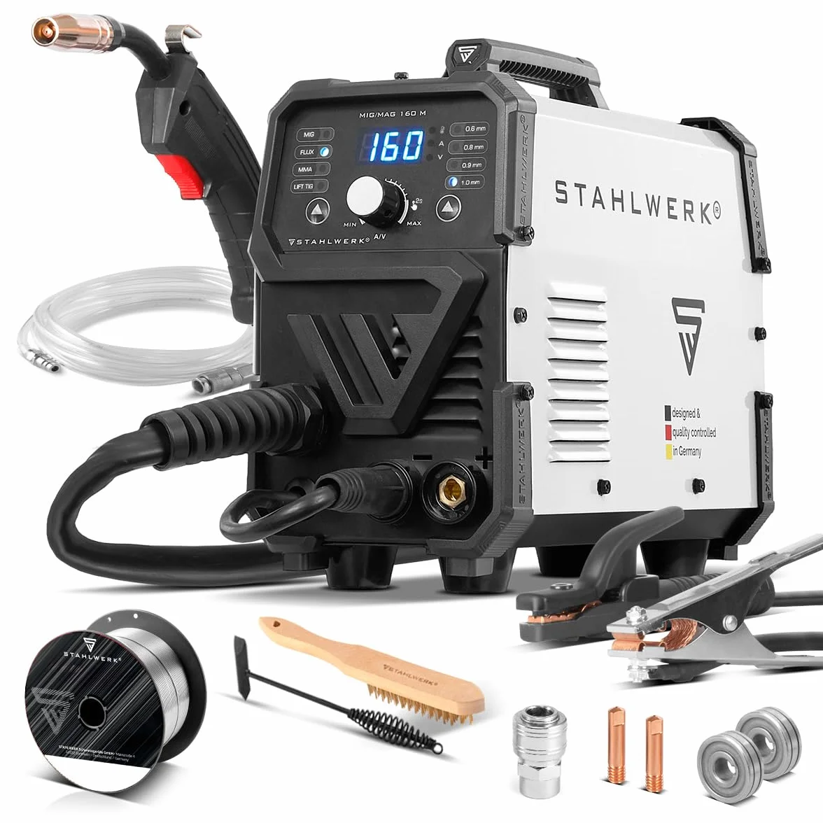 STAHLWERK Soldadora MIG/MAG 200 ST – Máquina de soldar Inverter con 200 A, equipo de gas protector con avance de hilo sinérgico, apto para FLUX (hilo hueco), funcional para Lift-TIG & MMA/Electrodo