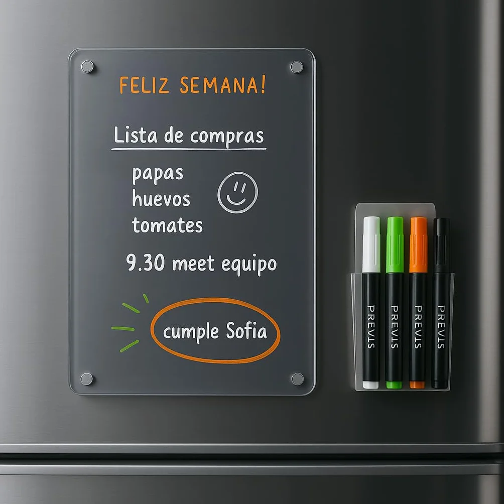 PREVIS Pizarra Magnetica Nevera Transparente Minimalista y Estilosa A4 para Anotar Tareas, Menú, Lista Compra con 4 Rotuladores de Colores Vivos y Soporte Imantado - Board Iman Nevera para Organizar