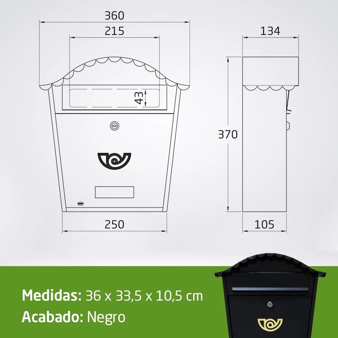 Amig - Buzón Exterior de Pared - Tamaño Compacto para DIN A4 - Apertura Frontal con Cerradura - Acero - Negro - Fácil de Instalar en Puertas o Verjas - 37 x 36 x 10,5 cm