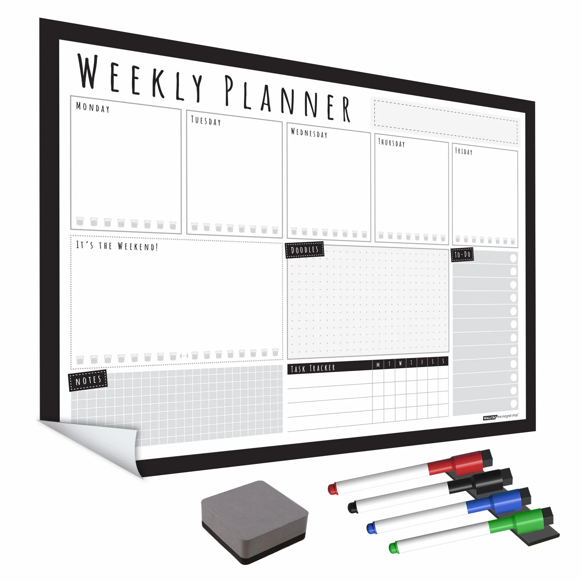 WallTAC Pizarra blanca adhesiva reutilizable 420x297 mm semanal organizador pared con rotuladores y borrador