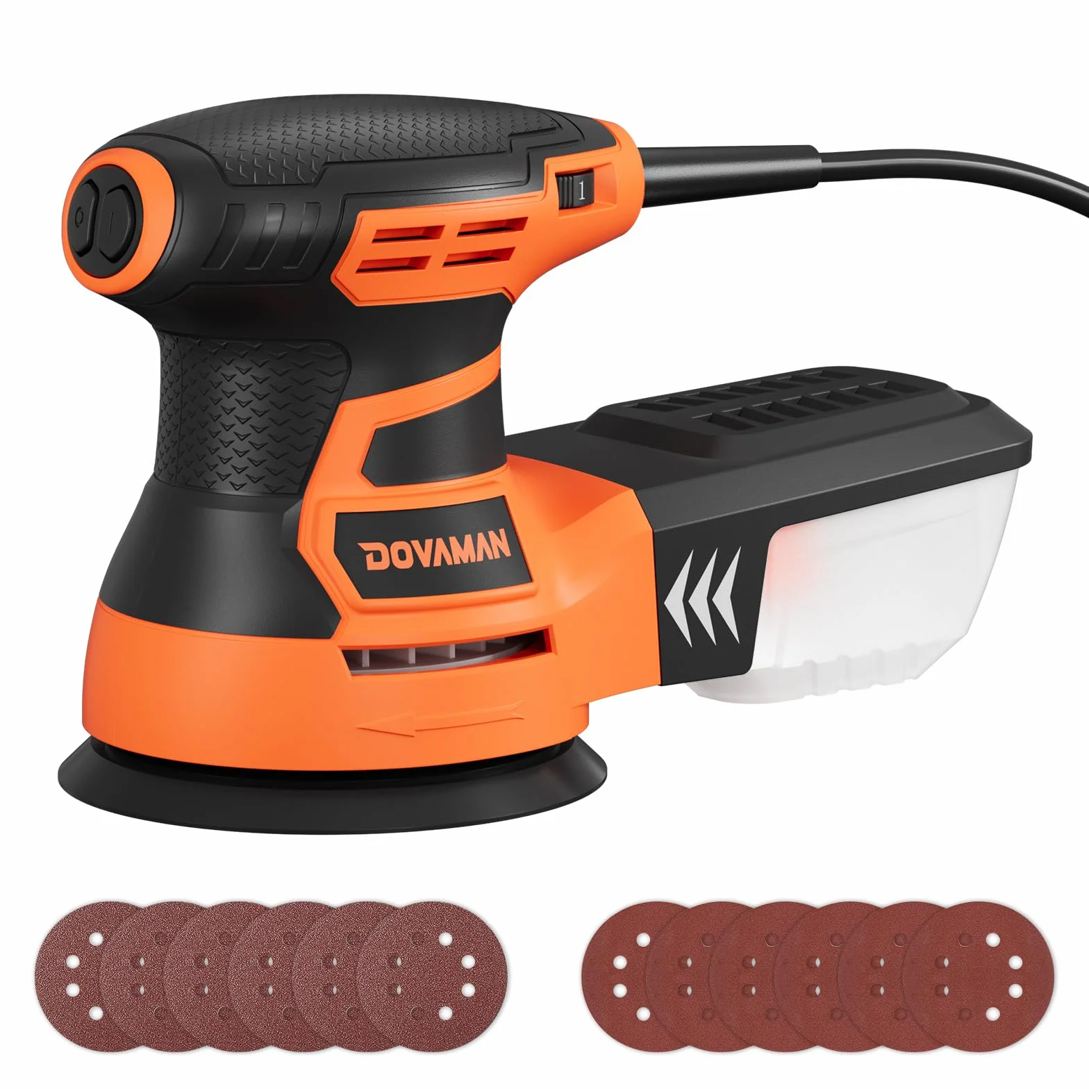 DOVAMAN ROS01A 350W Lijadora Orbital, 6 Velocidades, 13000 RPM, 12 Hojas de Papel de Lija, Disco de 125 mm, Recogida de Polvo, Lijadora Eléctrica Ideal para Superficies de Madera y Acero