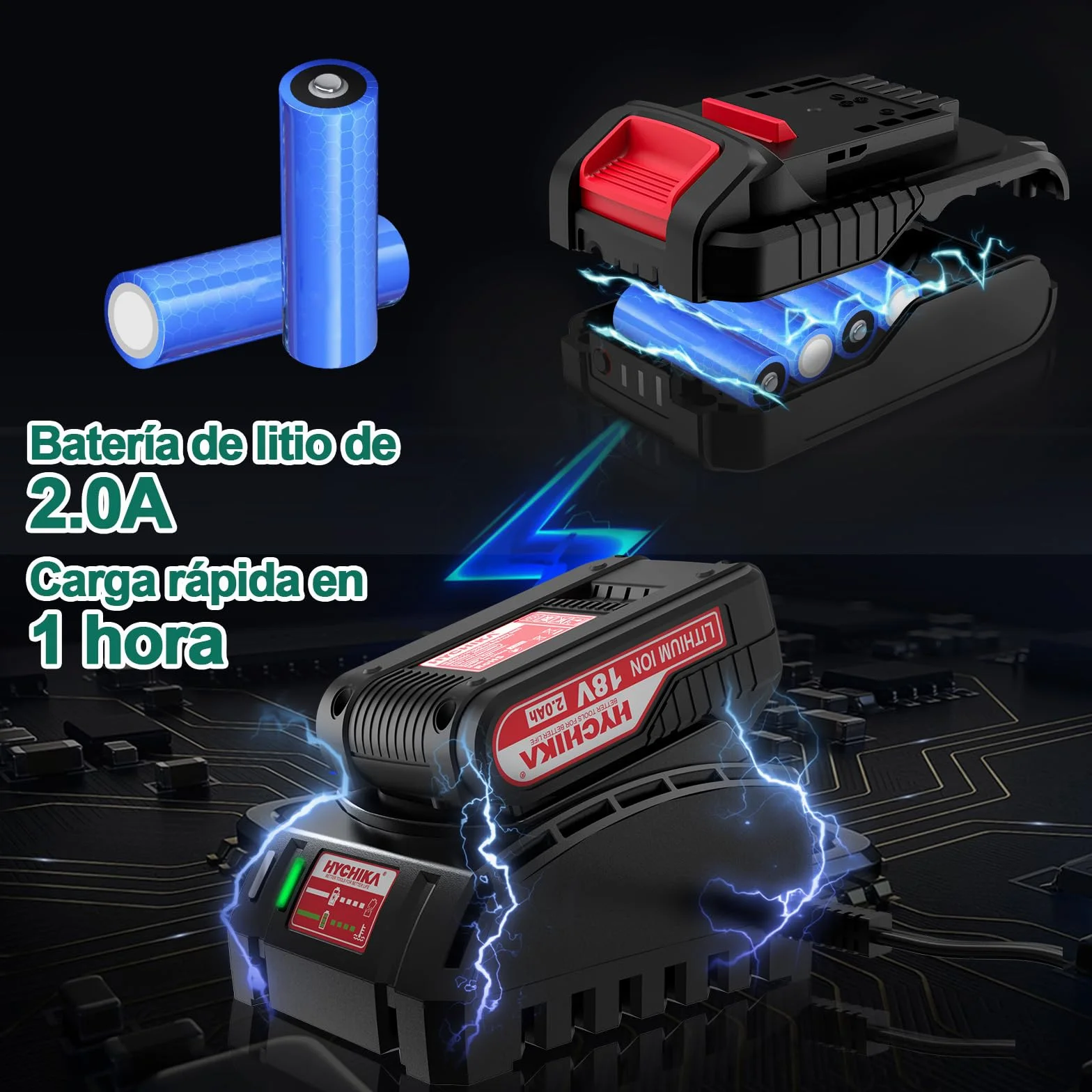 HYCHIKA Taladro Percutor Atornillador 18V 45Nm, Taladro Percutor con 2.0 Ah Batería, 27 Accesorios, 21+3 Ajustes de Par, 2 velocidades ajustables,Cargador Rápido, Para Reparaciones en El Hogar | Batería 2.0 Ah & set de 27 accesorios. Taladro de 2 velocida