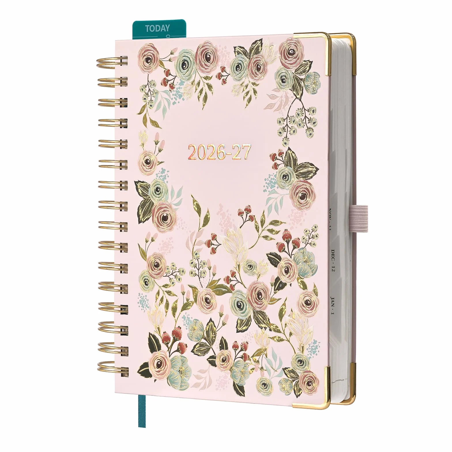 Agenda Escolar 2026-2027 A5 Espiral Día por Página, 12 Meses Ago.26 a Jul.27, Diseño Floral 15,5x21 cm, Tapa Dura Rosa