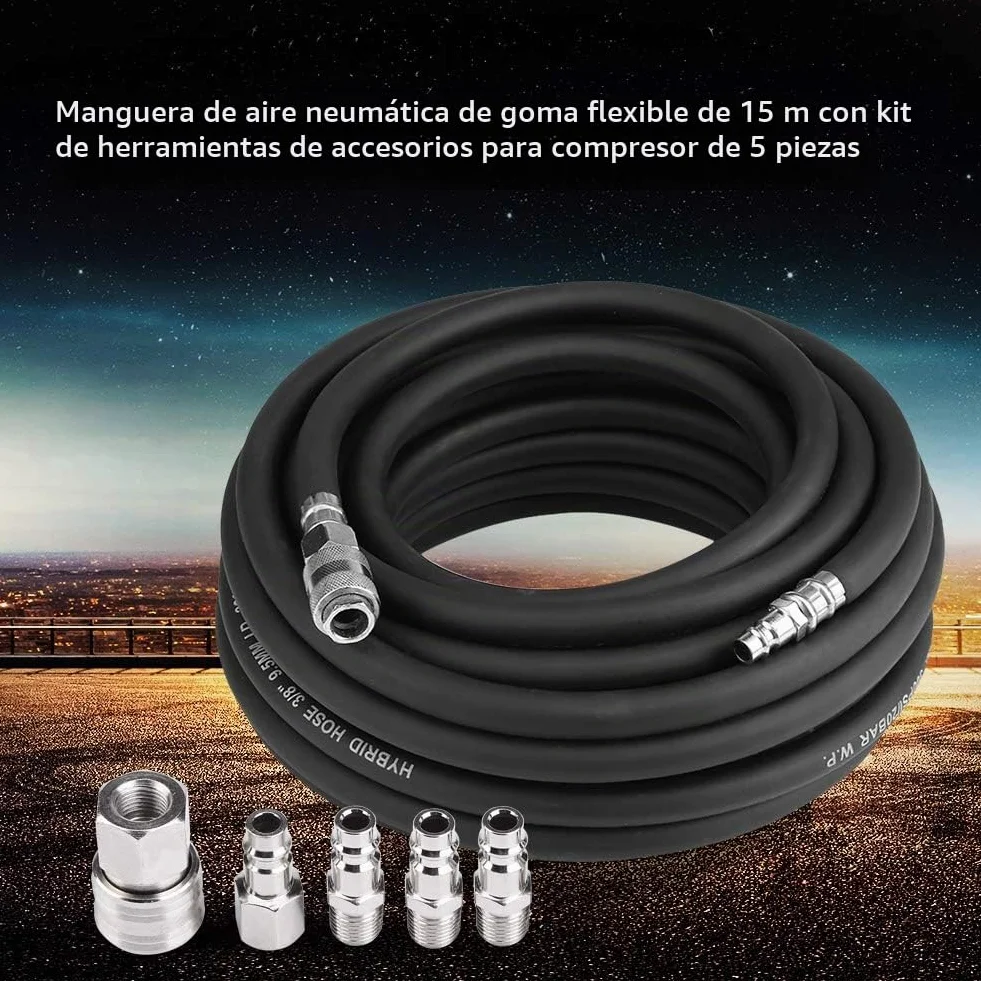 Manguera de aire comprimido flexible, manguera de aire neumática de goma con conexión rápida presión de explosión máxima de 900 Psi para compresor negro 15m