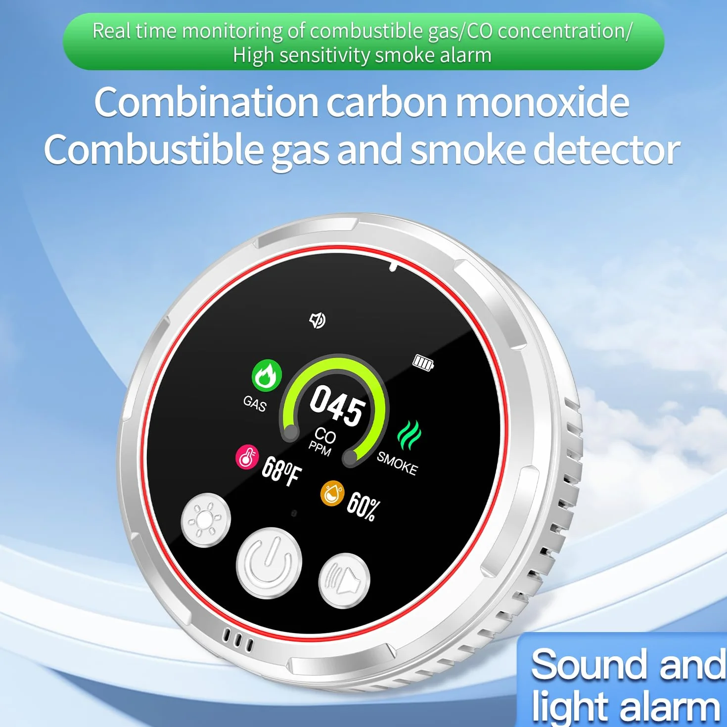 Plug-in 5-en-1 Detector de Humo & Monoxido de Carbono & Combustible Gas Combinación con Batería de Respaldo 1000mAh & HD Pantalla [CO Humo Gas Humedad Temp Alarma] Blanco, HD13-CGS