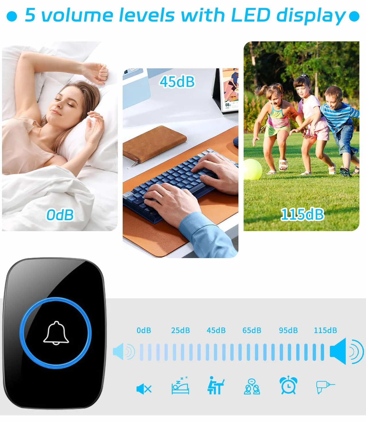 Timbre Inalámbrico Exterior Impermeable,Ip55 Kit De Timbre Inalambrico Doorbell Con 60 Melodías, Led Azul Para El Emergencias Hogar Oficina Hotel,300 metros Timbre Negro Timbre Casa Interior