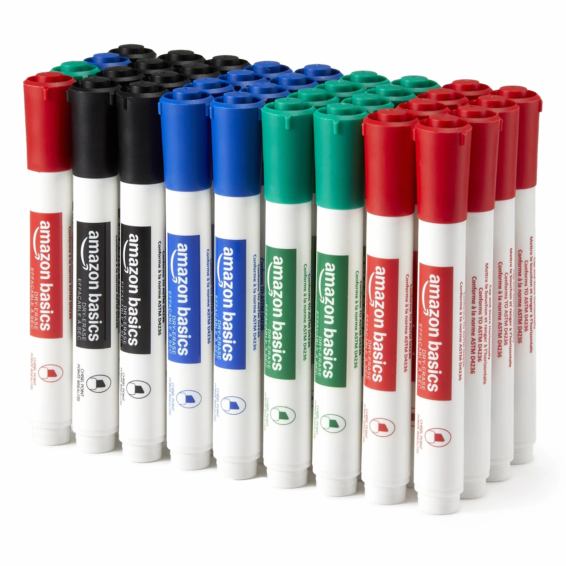 Amazon Basics Low-Odor Dry Erase Whiteboard Markers, Chisel Tip, 4 Assorted Colors, 36 Count