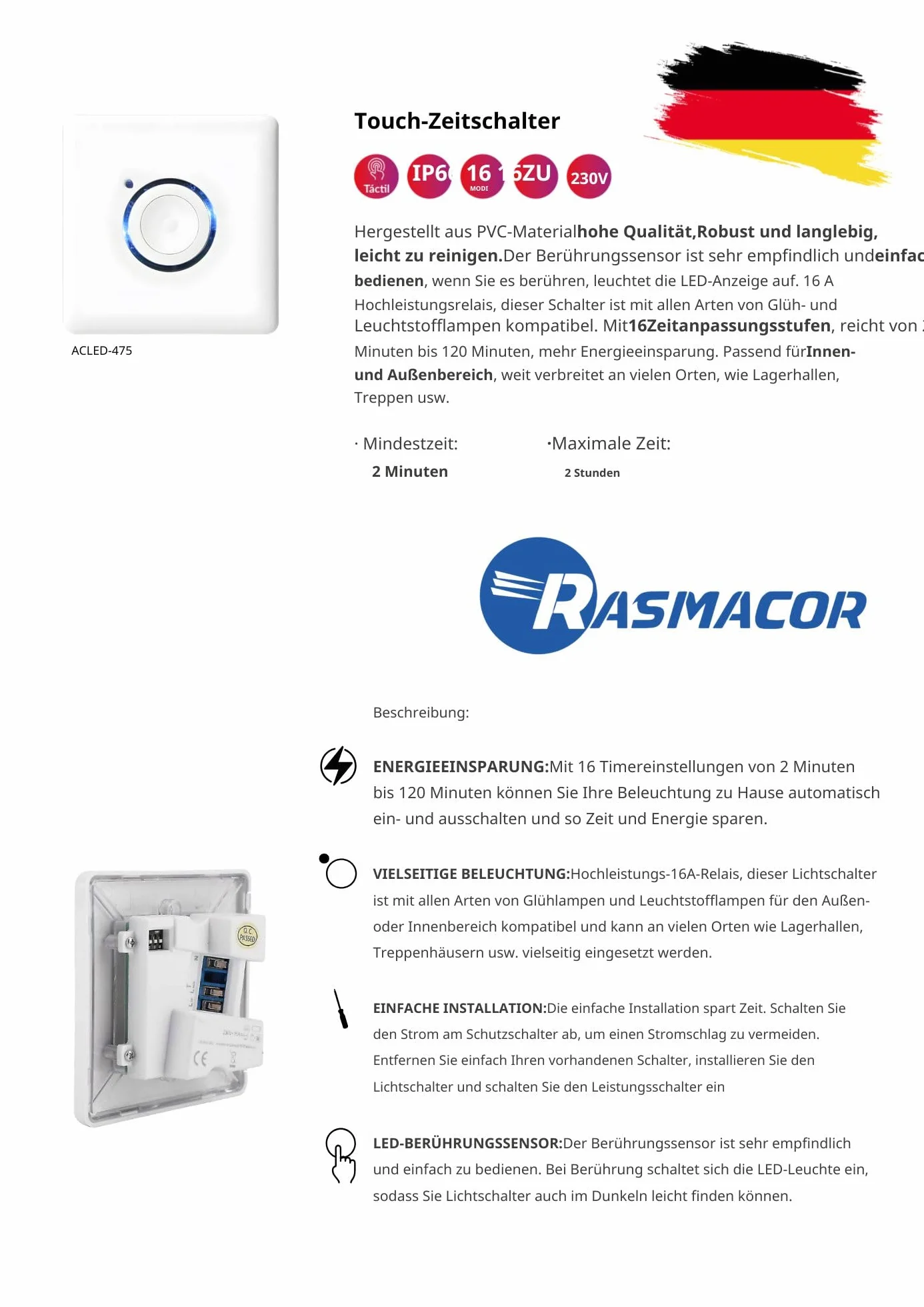 RASMACOR | Interruptor Temporizador Táctil LED de Pared IP66 | para Uso en Exteriores e Interiores | 16 Niveles de Ajuste de Tiempo 16A 230V | Entre 2 y 120 Minutos | Facil Instalacion (Blanco)