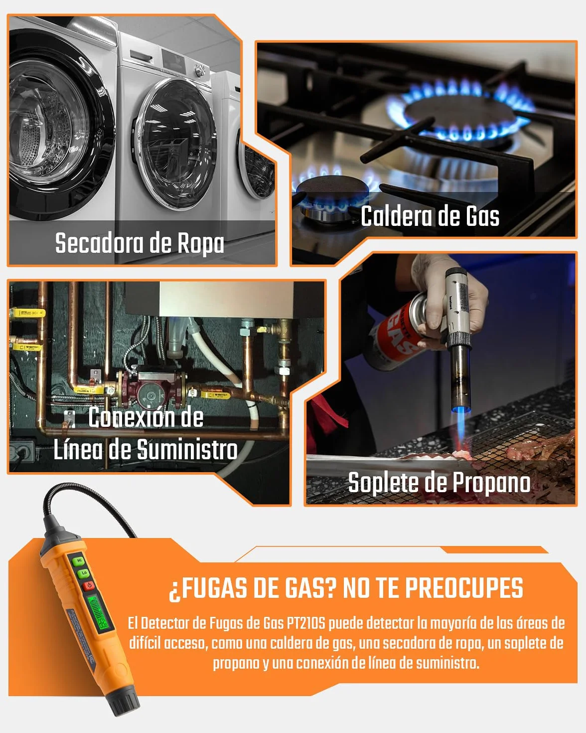 Detector de Gas Natural, TopTes PT210S Detector portátil de Fugas de Gas con sonda de 4 Pulgadas para localizar Gases combustibles como Gas Natural, midiendo%LEL (baterías Incluidas) - Naranja