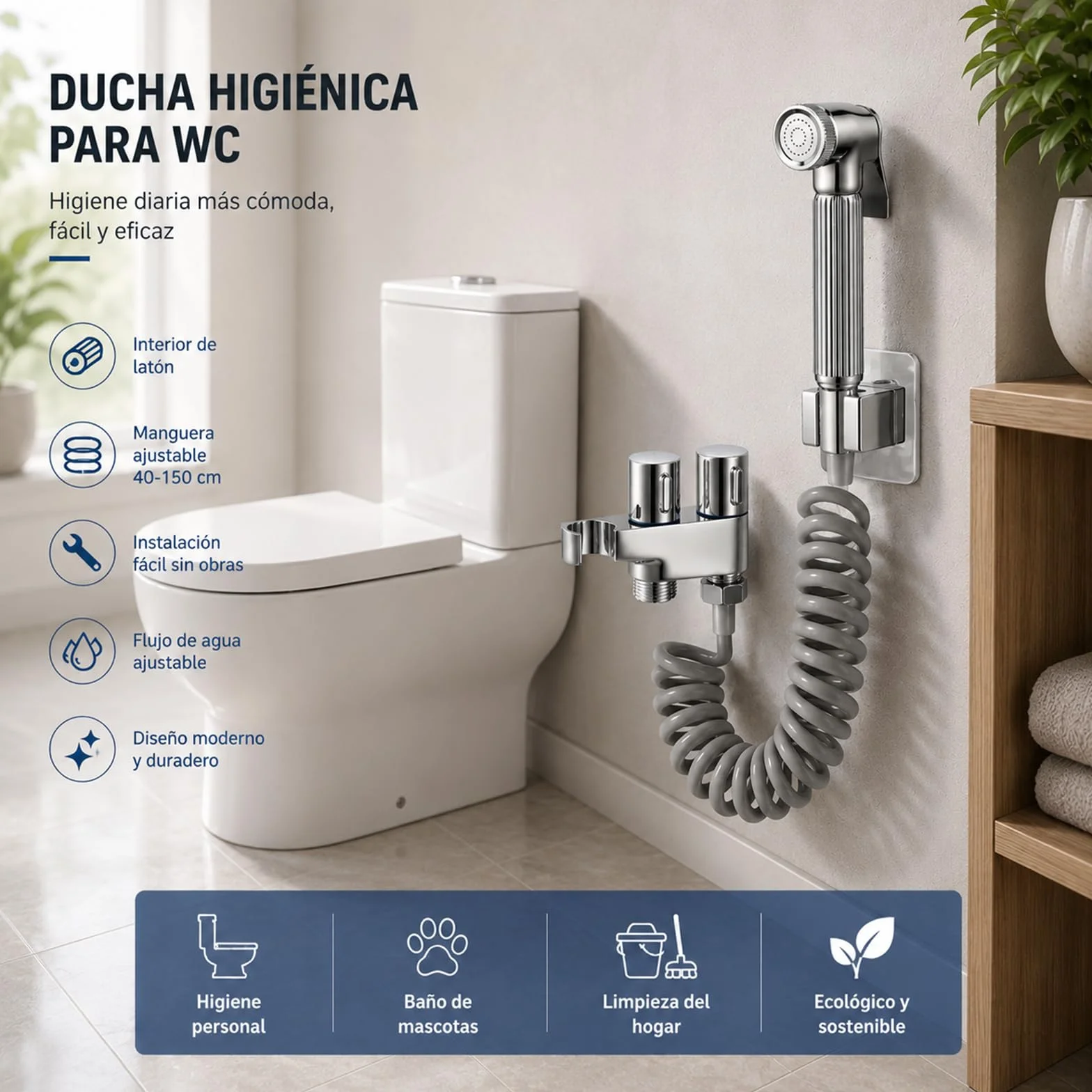 Ducha Higiénica WC con Doble Soporte, Latón Cromado | Manguera espiral flexible | Válvula ajustable | Pistola de latón | Kit bidé WC | Doble soporte