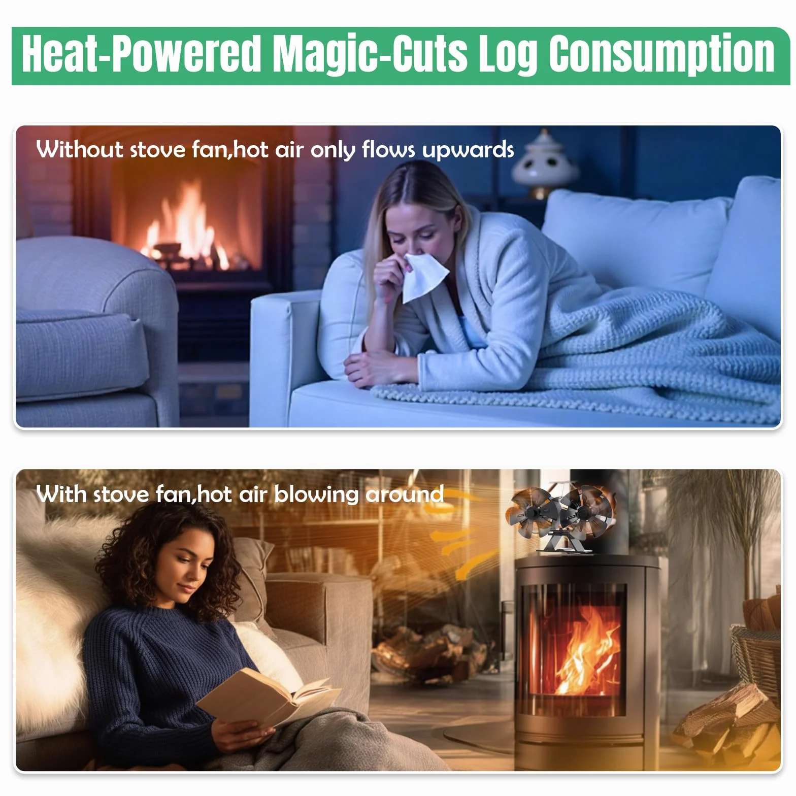 12 PáGinas Ventilador de Chimenea, No Eléctrico Ventilador de Estufa de Leña, Doble Motor Ventilador de Estufa de Lena Silencioso para Estufas de Leña de Leña/Leña/Chimenea/Estufa