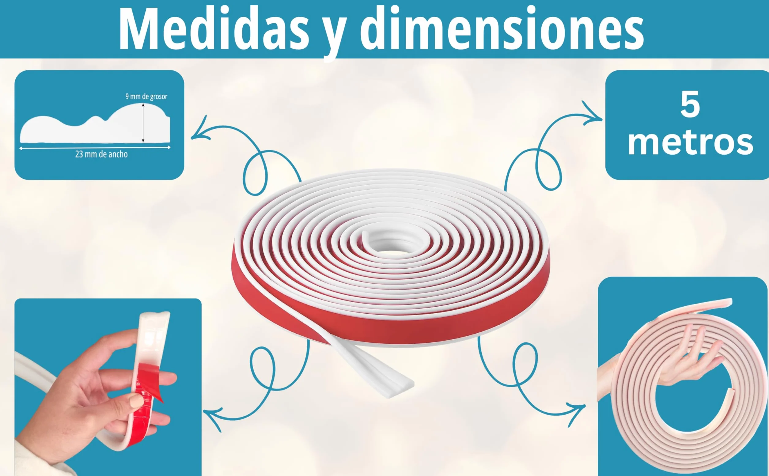 Moldura decorativa de pared autoadhesiva PVC flexible 5 m x 2,3 cm blanca interior