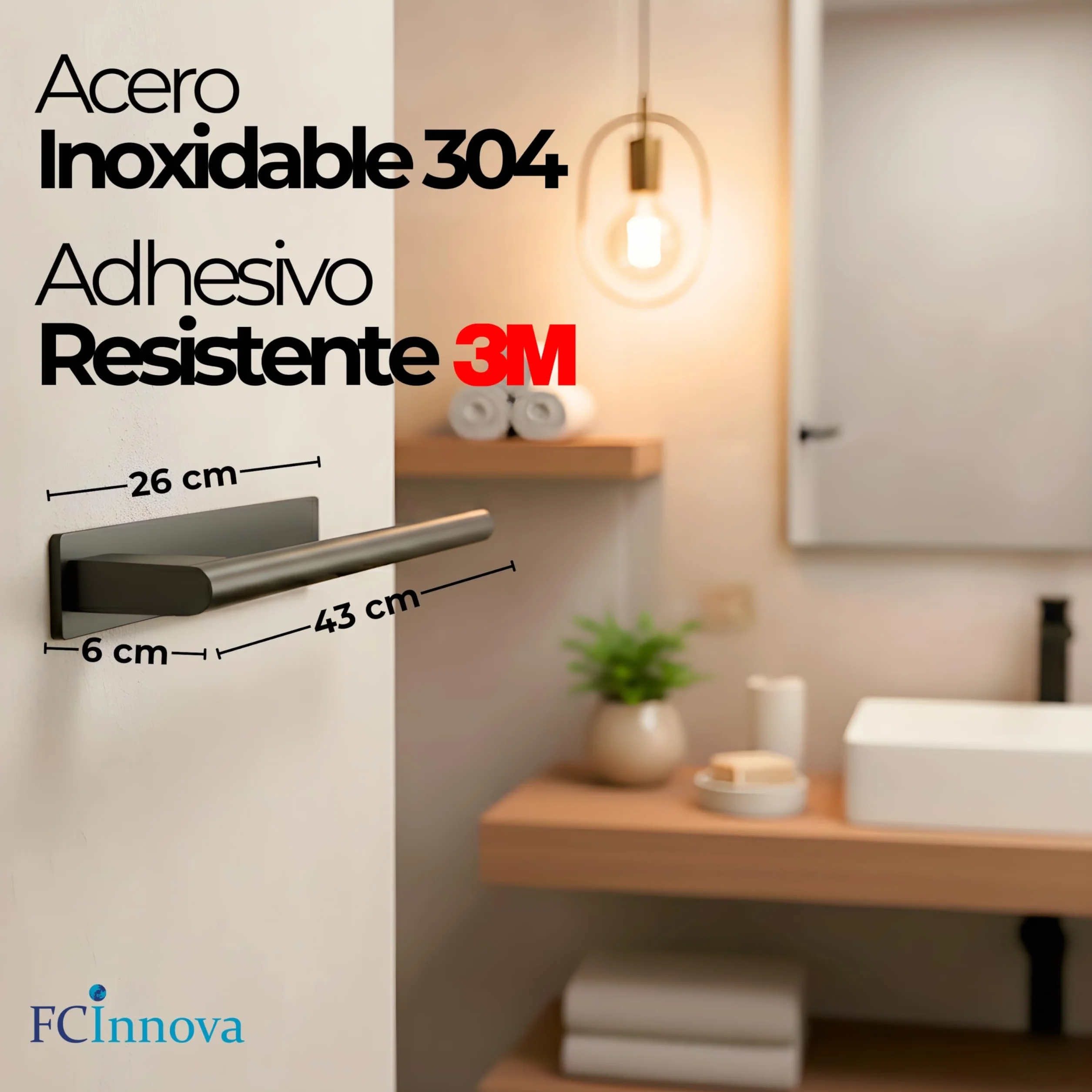 Toallero Adhesivo Baño sin Taladro Negro Mate de 43cm Fabricado en Acero Inoxidable 304 Resistente a la Humedad y al oxido Toallero sin Taladro de Facil Instalación y Fuerte fiajación Adhesiva 3M