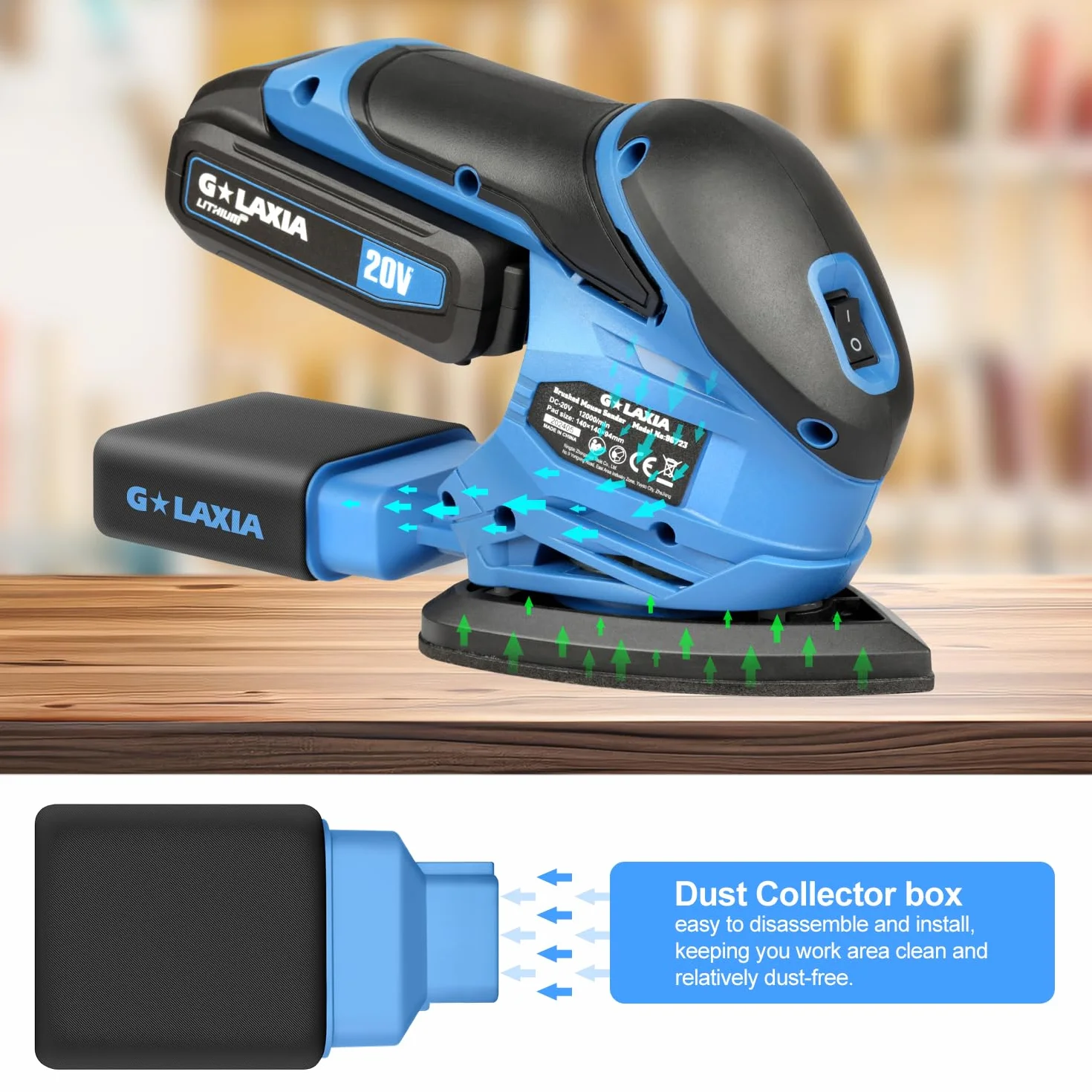 Lijadora multifunción inalámbrica 20V Li con bolsa de recogida de polvo, 20 hojas de papel de lija | 20 V 140 mm x 94 mm Lijadora Delta con batería y cargador