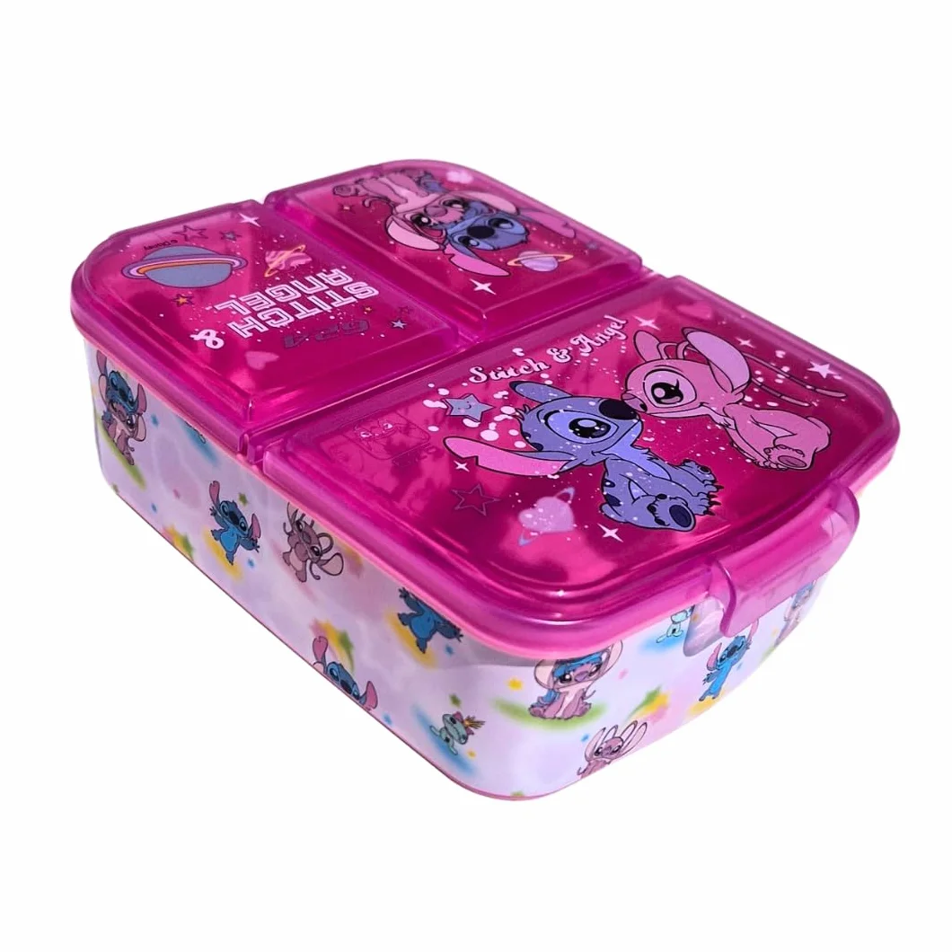 Fiambrera para Niñas Stitch y Angel, Lonchera Porta Alimentos Escolar con 3 Divisiones, 17x14x5cm