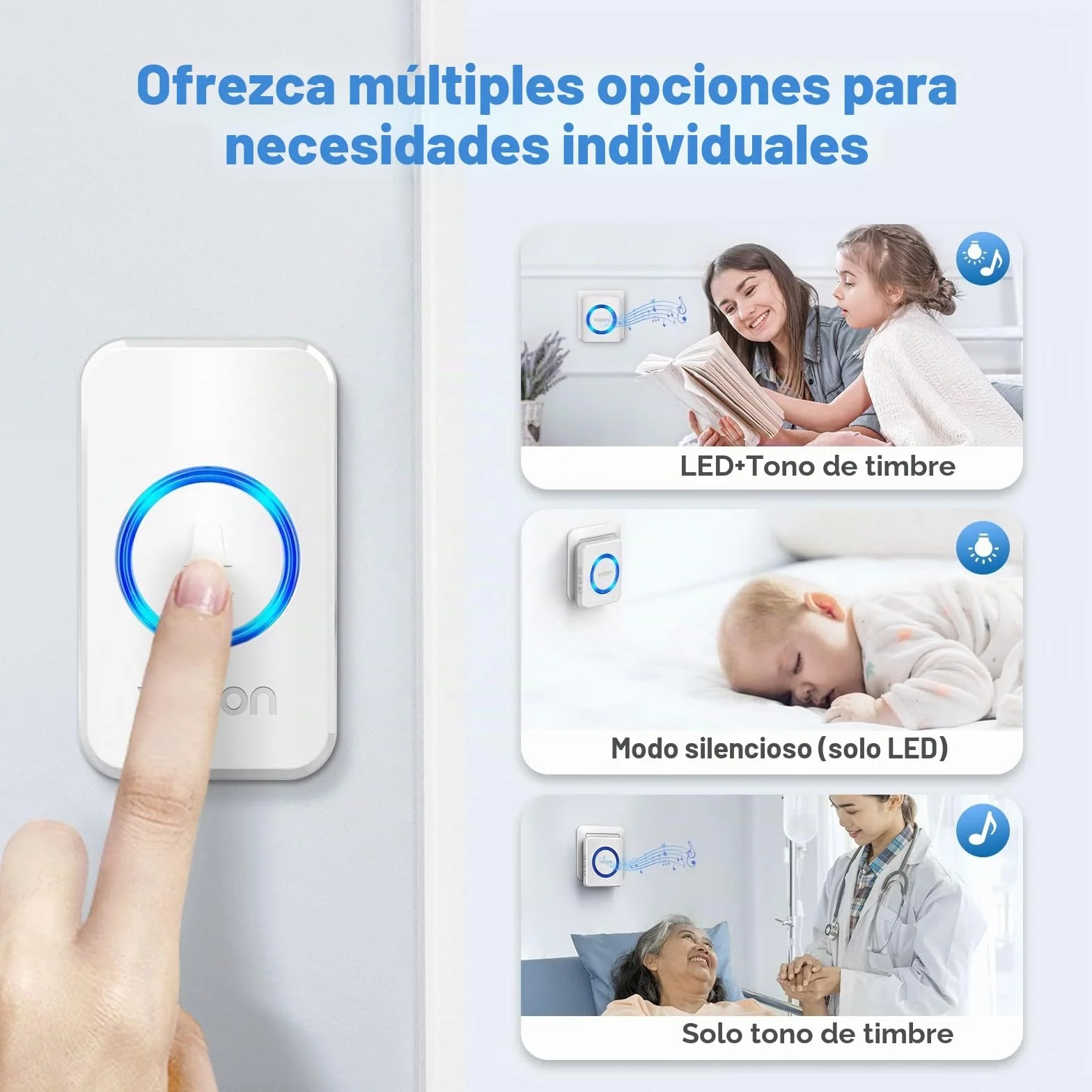 VOXON Timbre Inalámbrico, Alcance de 400m, Conjunto de Timbre con 2 Receptores, Resistente al Agua IP65 para Exteriores, Timbre de Puerta con Luz LED, 5 Niveles de Volumen, 60 Melodías