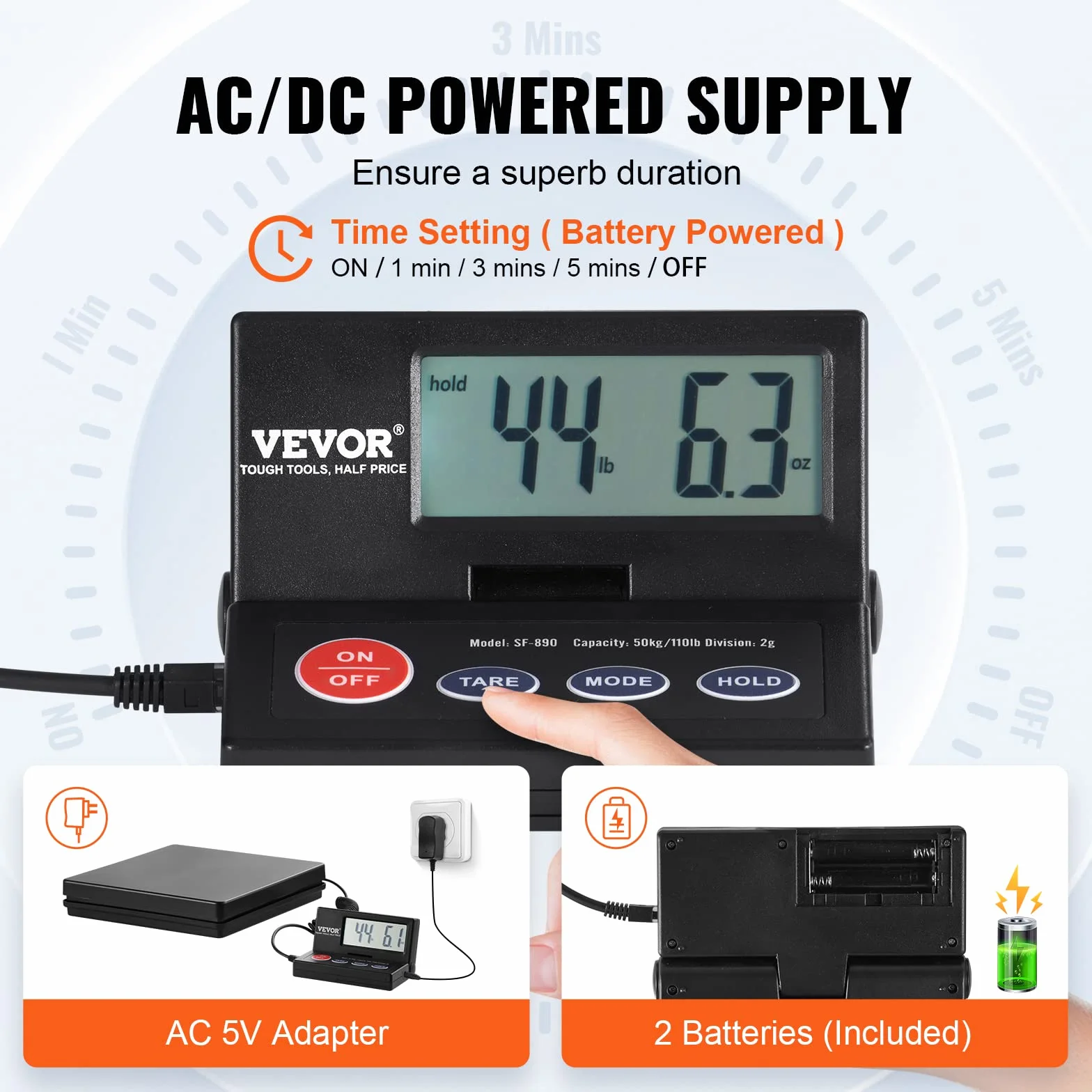 VEVOR Balanza Digital para Envíos 10g-50kg Báscula de Paquetes Precisión 2g Pantalla LCD Plegable 90° Alimentada por CA/CC Certificado FCC