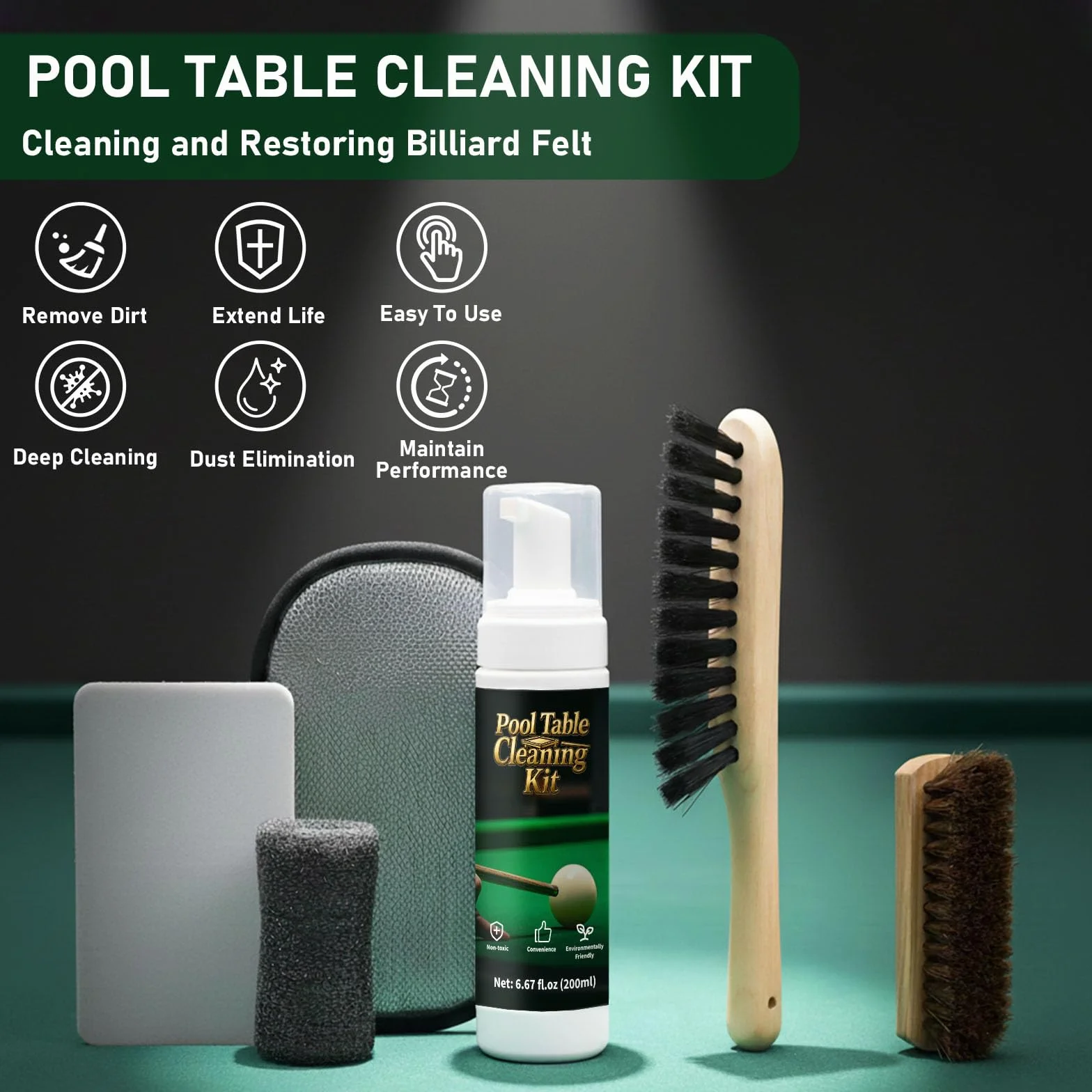 Juego de limpiador de mesas de billar de 200 ml, accesorios de limpieza de fieltro de billar con 2 cepillos de mesa de billar, 1 esponja de alambre de acero, 1 paño