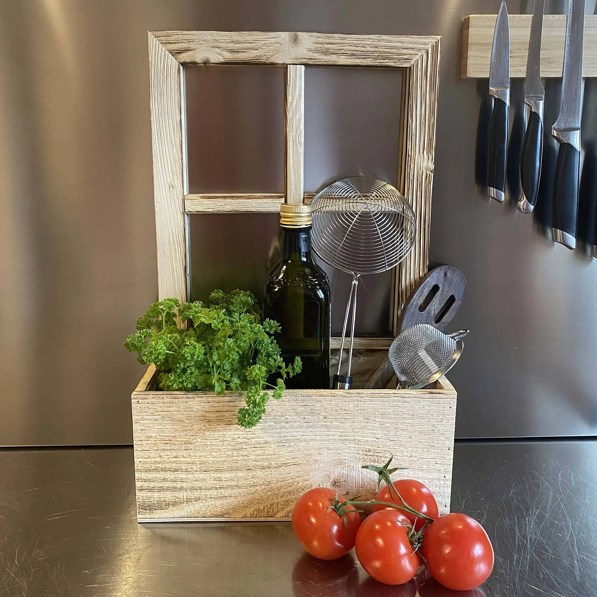 UNUS Ventana de madera con banco de plantas, decoración de madera envejecida flameada, 2 unidades