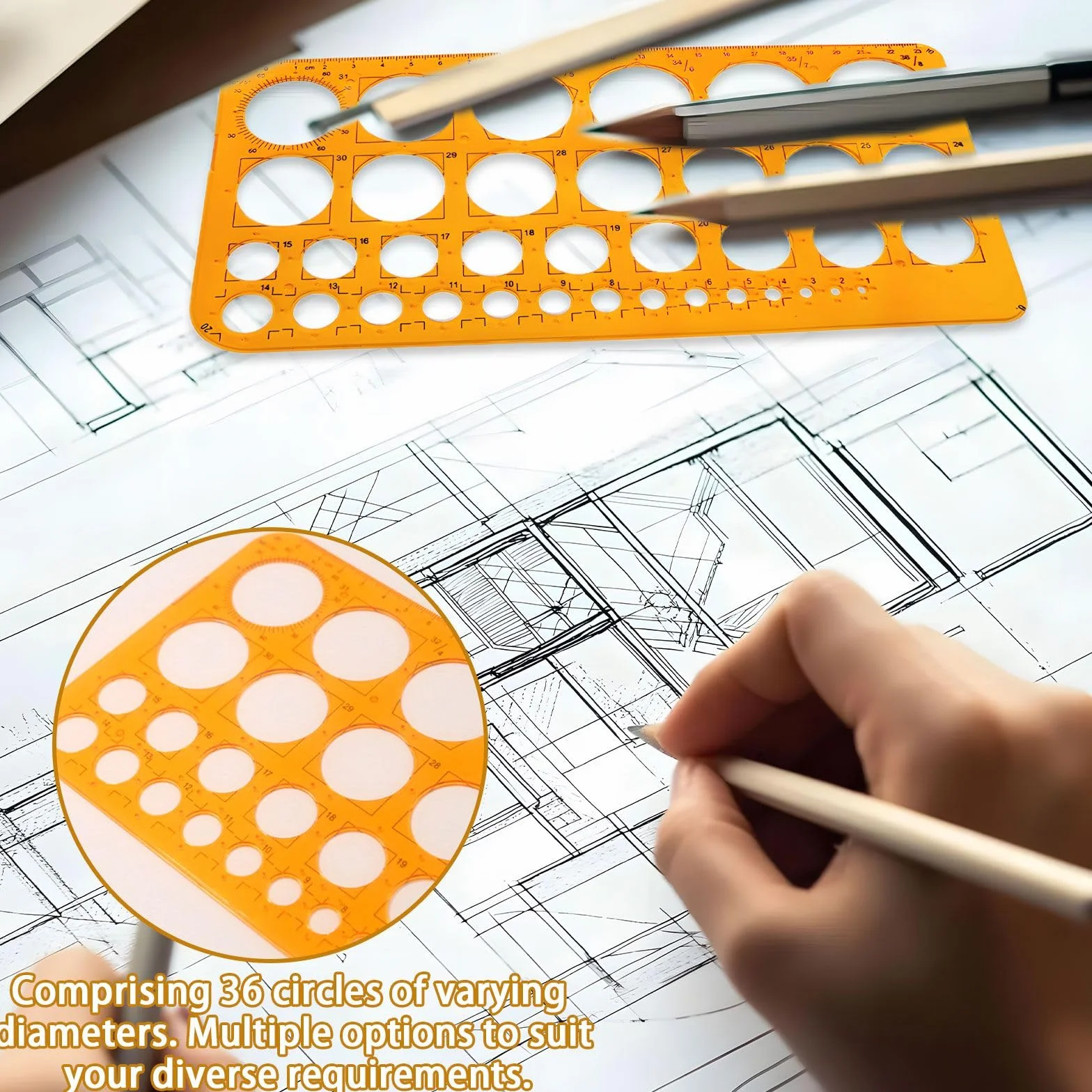 Plantilla de dibujo de 36 círculos, plástico resistente, naranja transparente para dibujo técnico