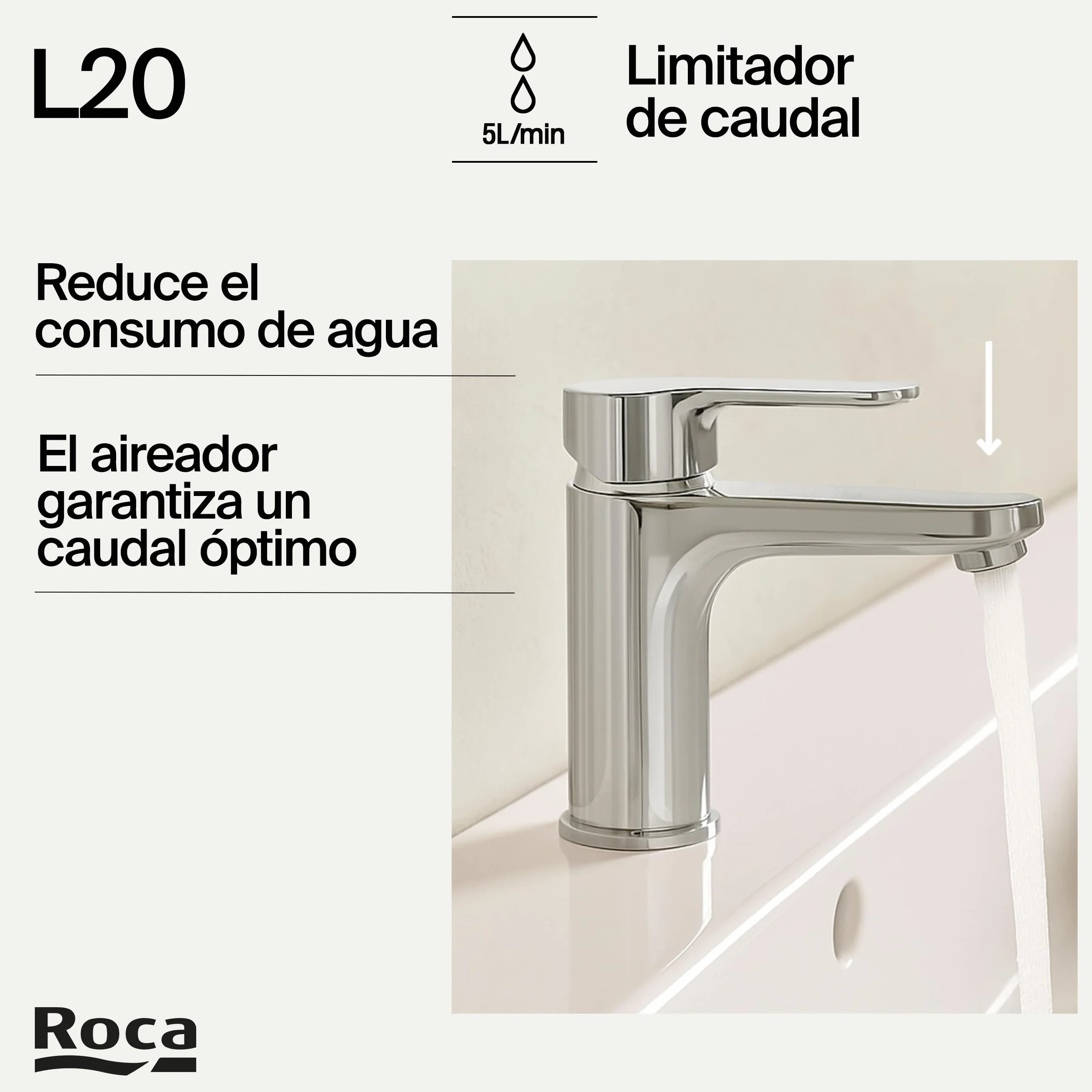Roca L20 Grifería para lavabo con tecnología Cold Start, grifo monomando de repisa con enlaces de alimentación flexibles, mezclador para cuarto de baño de fácil instalación, cromado, A5A3K09C00
