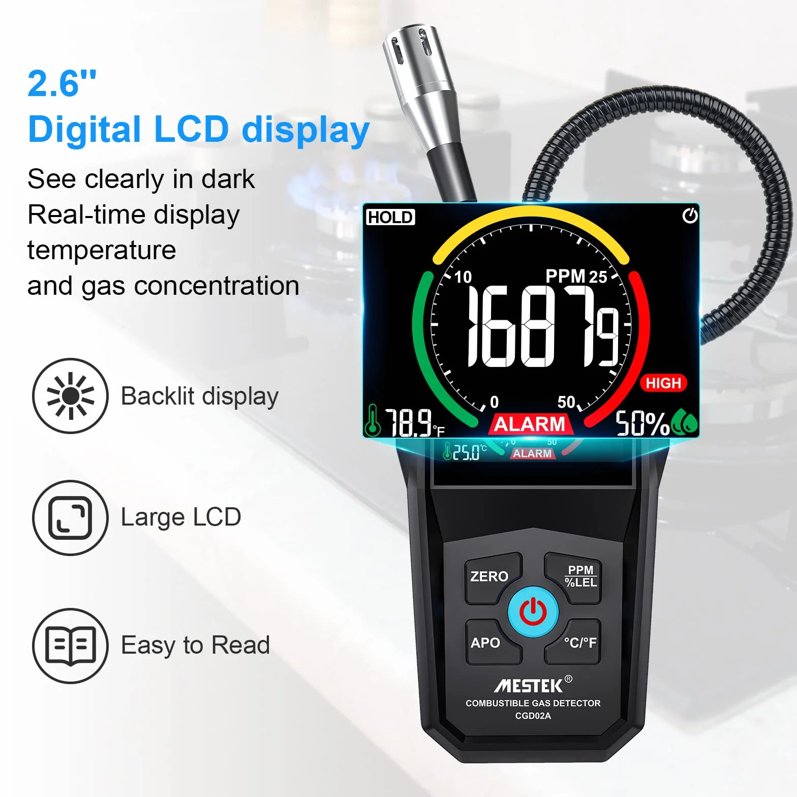 Detector de Gas Natural Detector de Fugas de Gas MESTEK Butano Propano Metano Ciudad LPG LNG Combustible Gas Sensor Portátil Alarma de Gas con Batería LCD para Ciudad Cocina Garaje Autocaravana