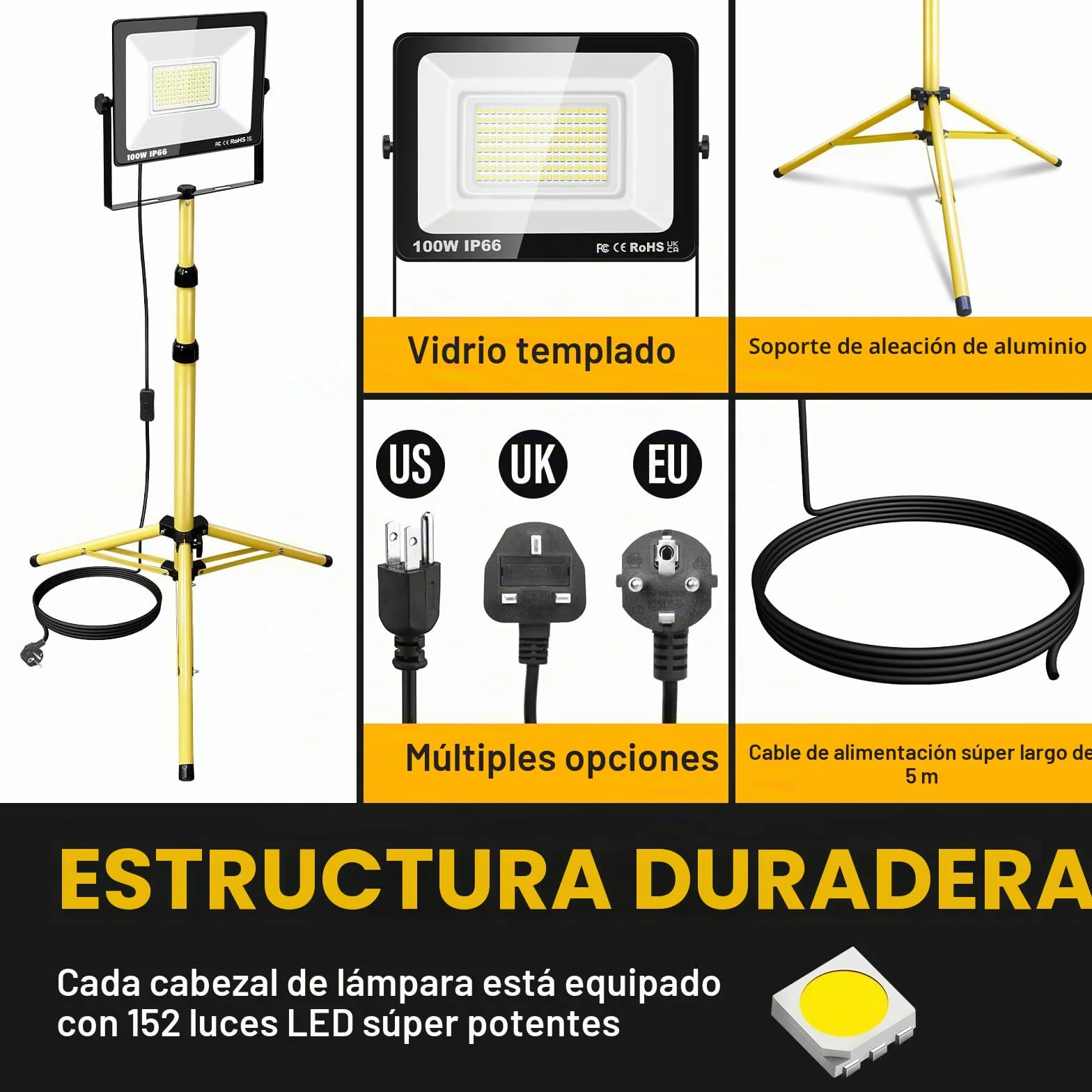 RIGIDON 100W 10000lm foco led trípode telescópico, luz de trabajo portátil | cable de 5 metros, altura ajustable de 102 a 193 cm, proyector led, para taller mecanico obra de construcción garaje jardín