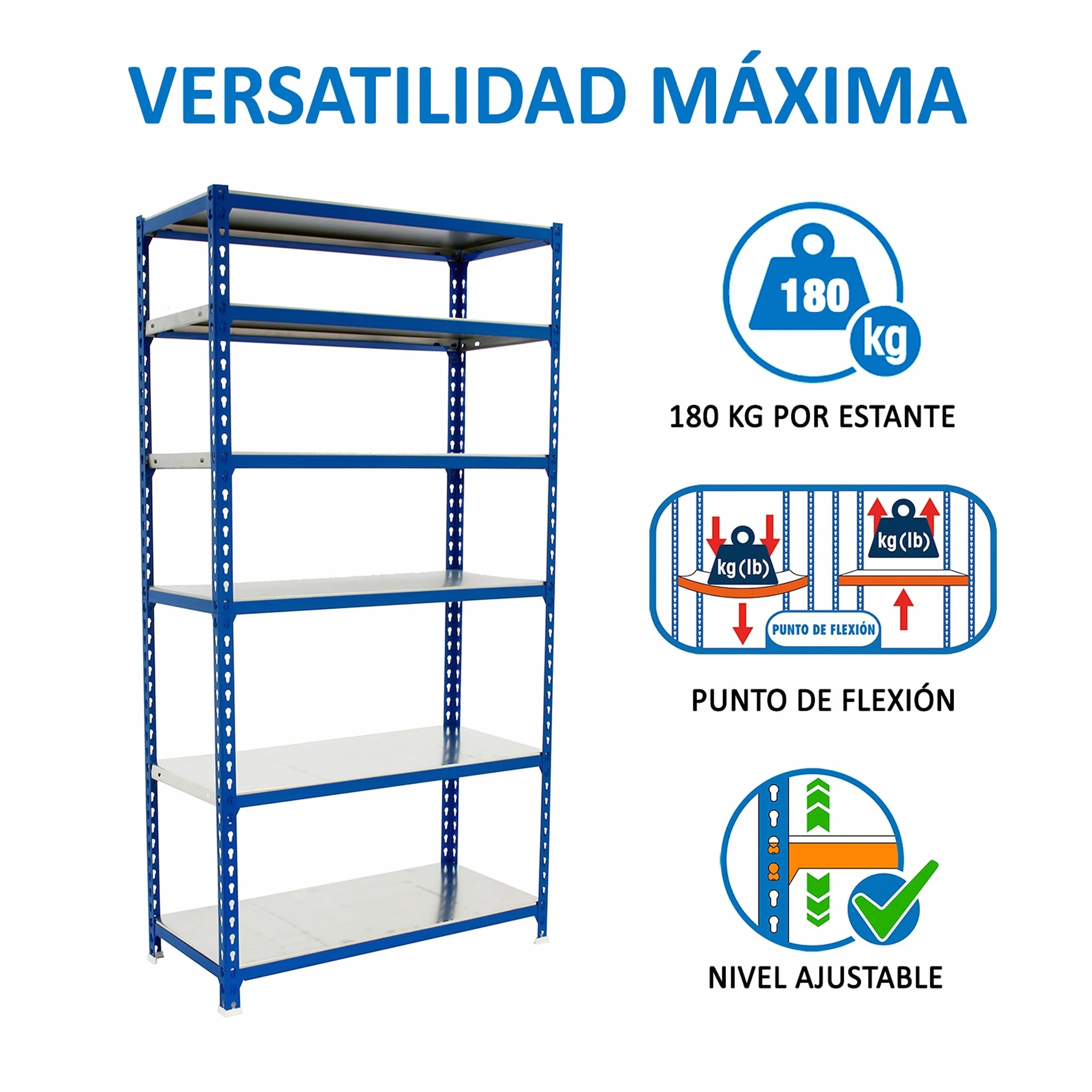 Simon Rack Estanterias Metalicas, 2500x900x400 mm, 6 Baldas de Metal, 180 kg de Punto Flexión, Estanterias Almacenaje, Azul/Galva - Simonclick