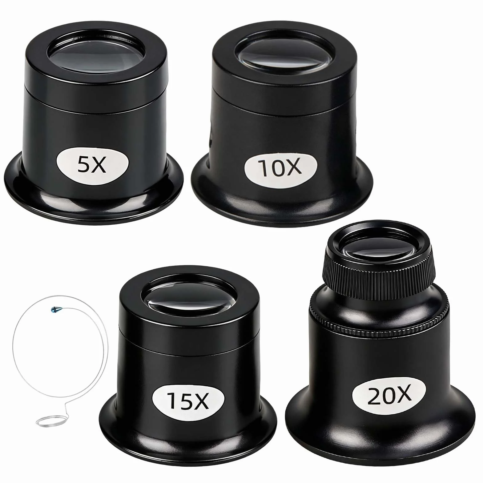 4 Piezas Lupa Relojero 5X 10X 15X 20X Lupa de Relojero Profesional Conjunto con Soporte de Alambre Gafas de Jewelers Loupes para Joyería Relojería Reloj Reparación de Alta Precisión